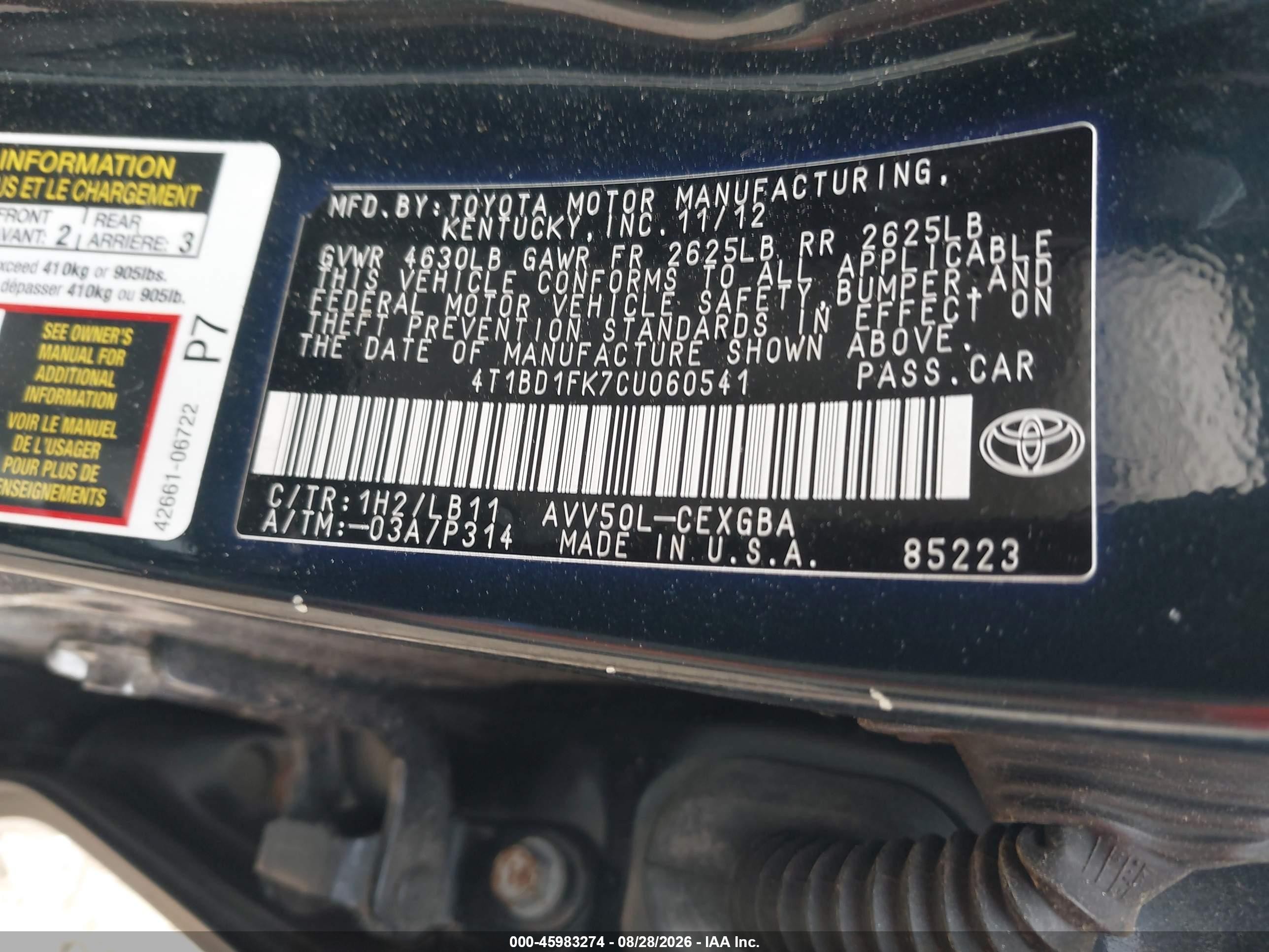 2012 Toyota Camry Hybrid Xle Black vin: 4T1BD1FK7CU060541