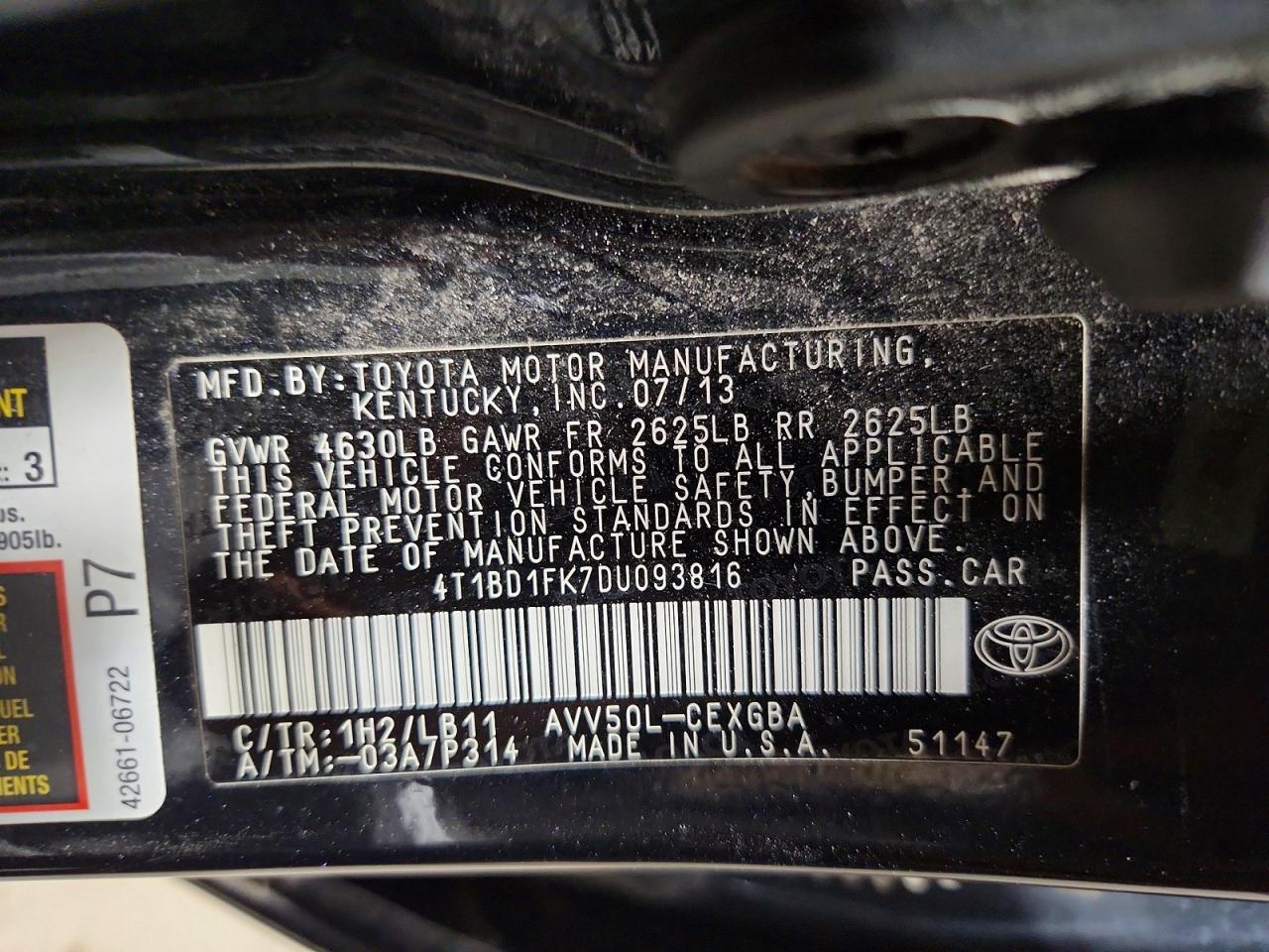 2013 Toyota Camry Hybrid Xle Black vin: 4T1BD1FK7DU093816