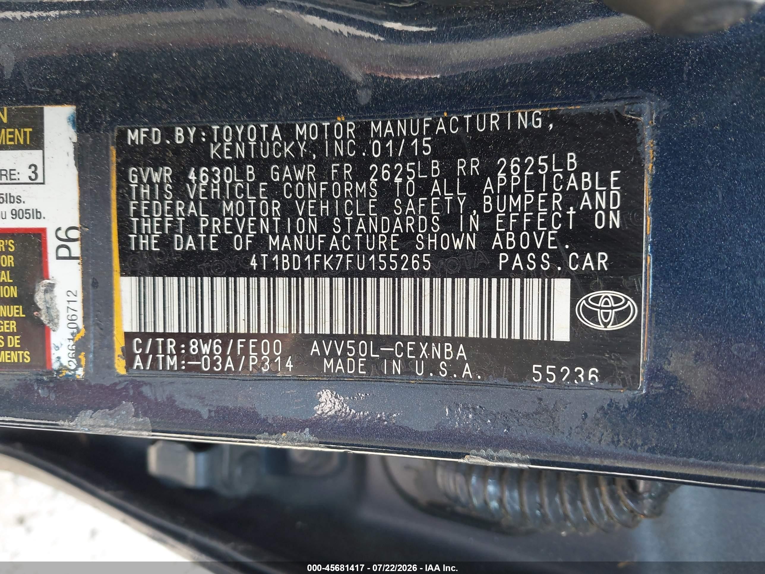 2015 Toyota Camry Hybrid Le Blue vin: 4T1BD1FK7FU155265
