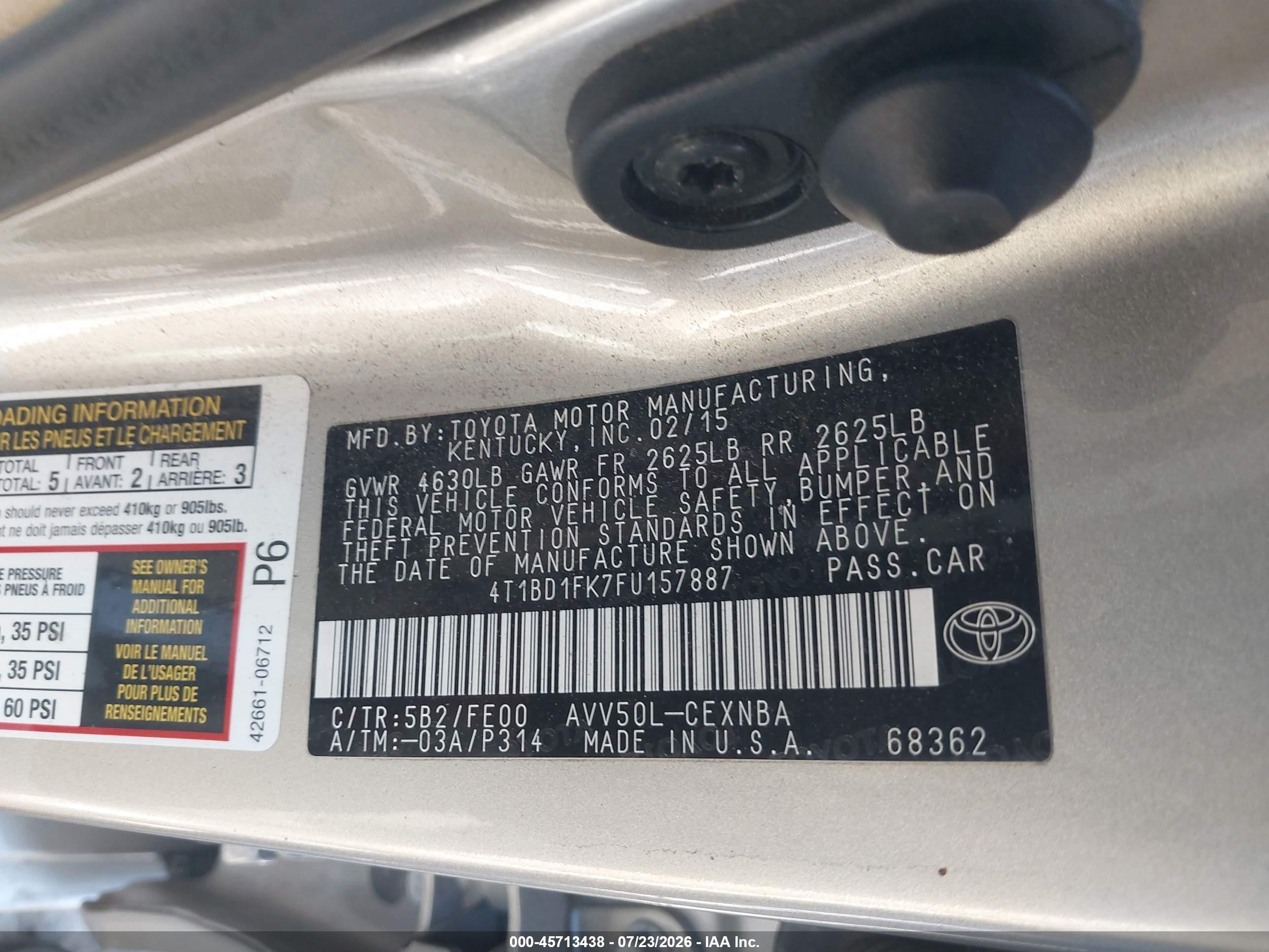 2015 Toyota Camry Hybrid Le Gray vin: 4T1BD1FK7FU157887