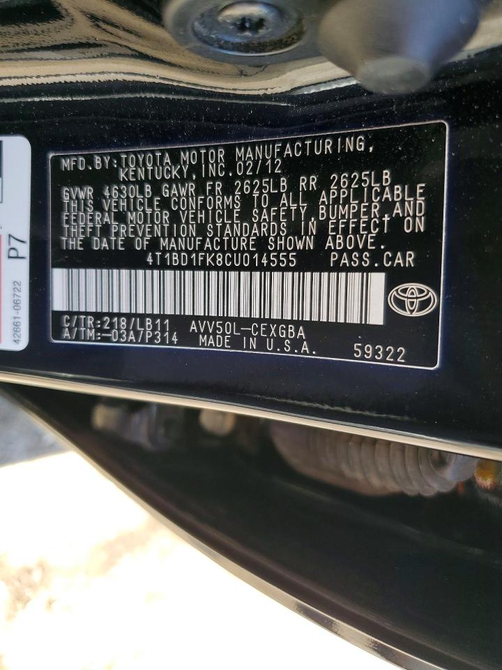 2012 Toyota Camry Hybrid Xle Black vin: 4T1BD1FK8CU014555