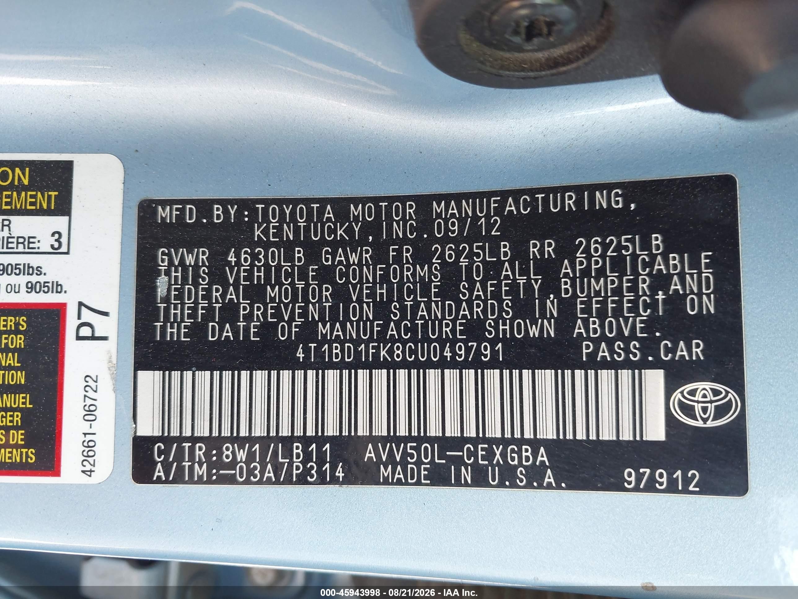 2012 Toyota Camry Hybrid Xle Light Blue vin: 4T1BD1FK8CU049791