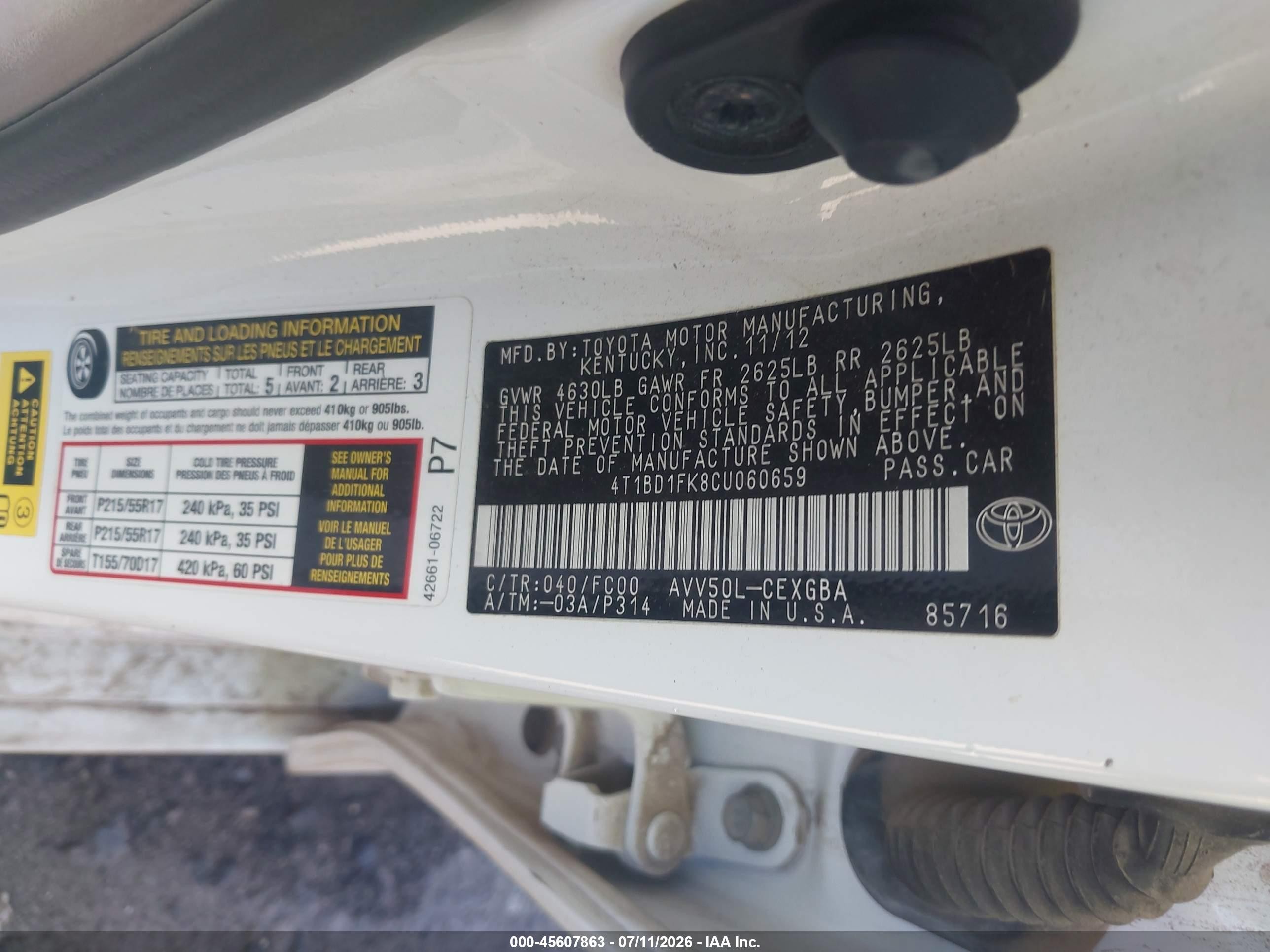 2012 Toyota Camry Hybrid Xle White vin: 4T1BD1FK8CU060659