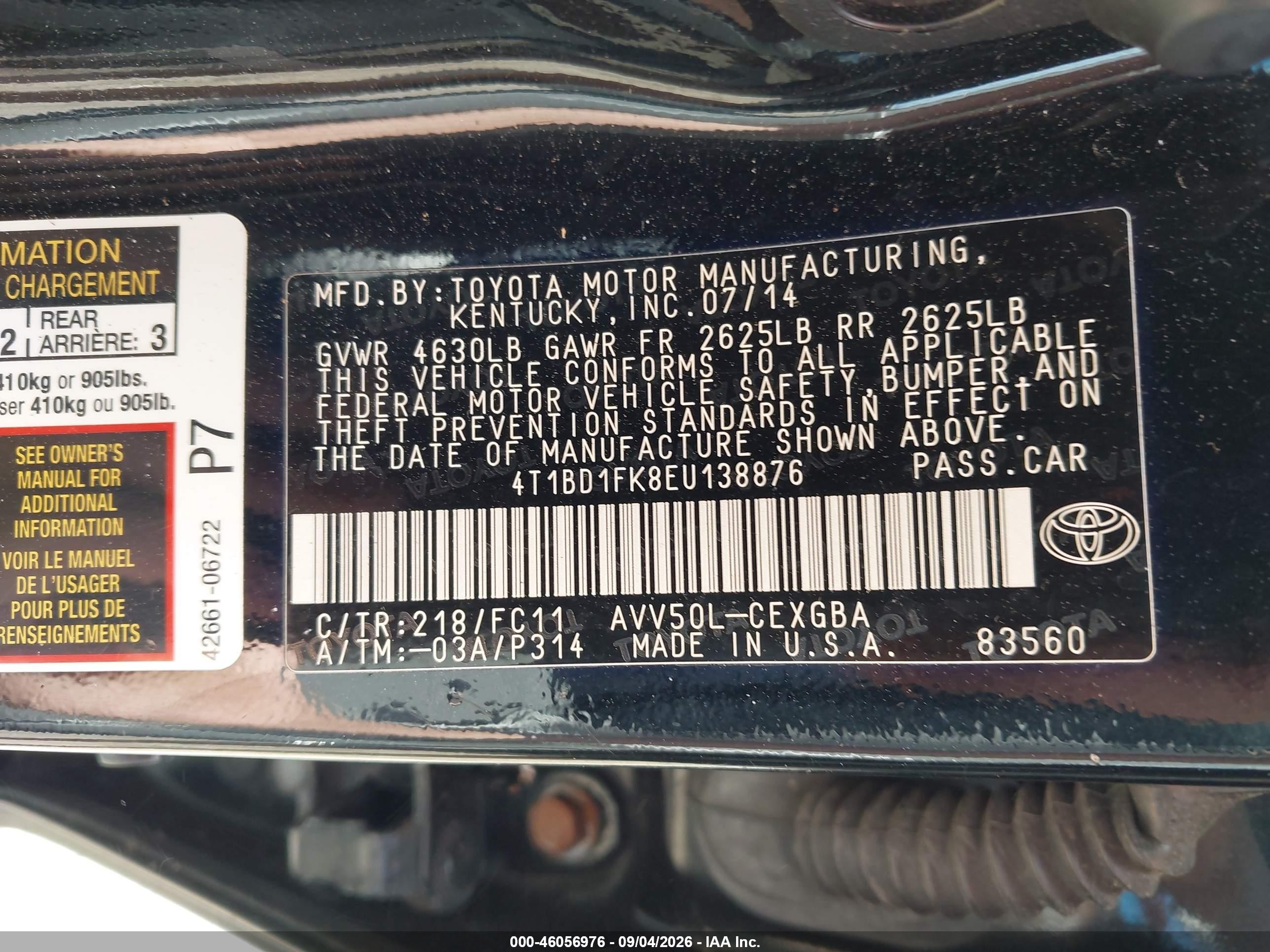 2014 Toyota Camry Hybrid Xle Black vin: 4T1BD1FK8EU138876