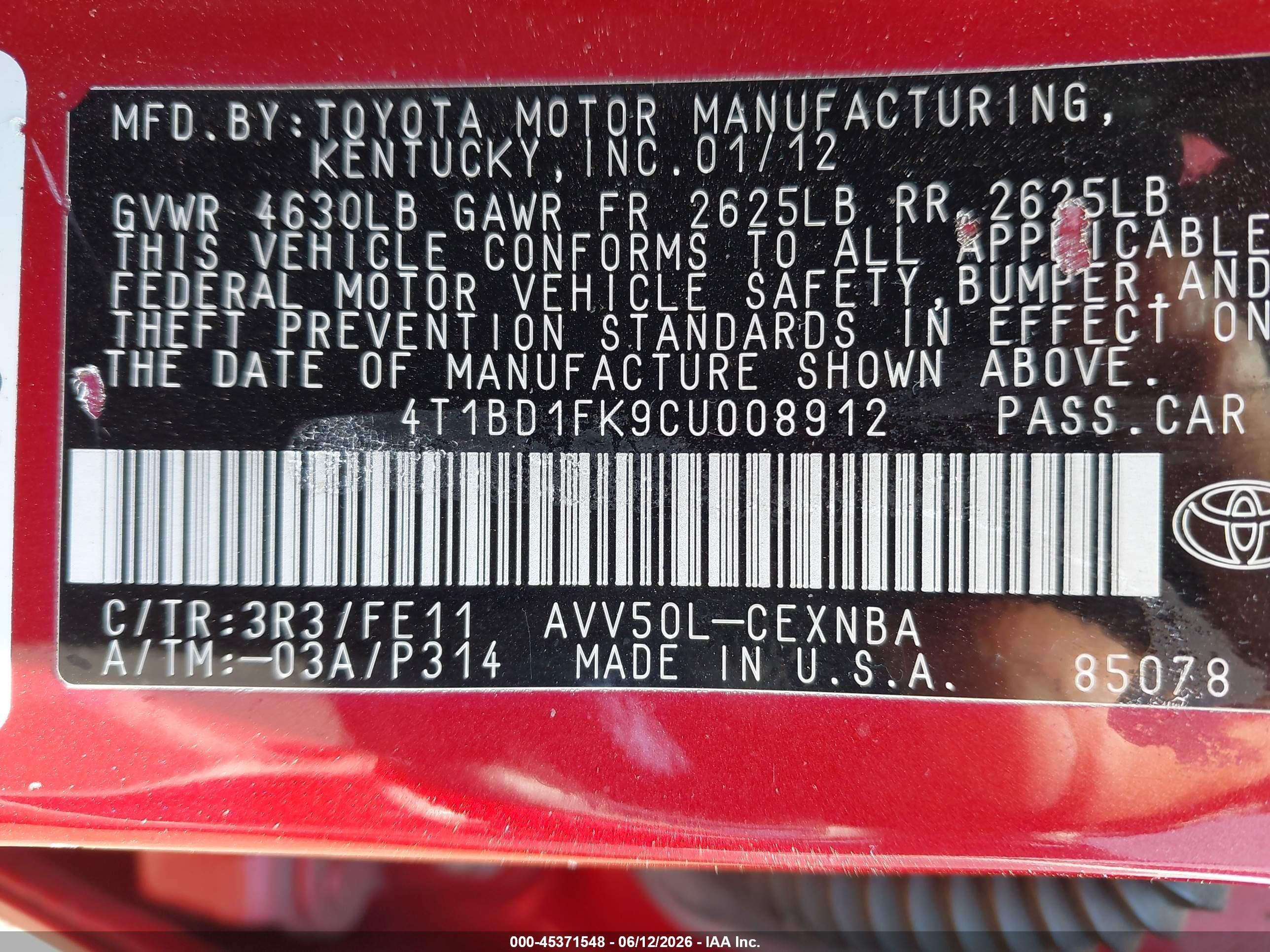2012 Toyota Camry Hybrid Le Red vin: 4T1BD1FK9CU008912