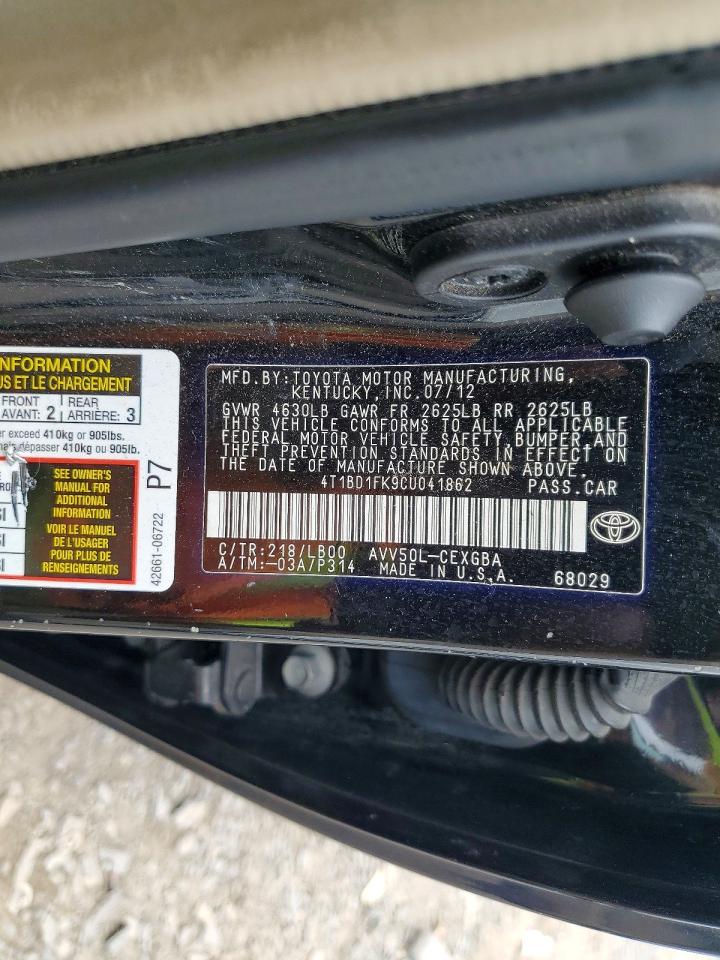 2012 Toyota Camry Hybrid Xle Черный vin: 4T1BD1FK9CU041862