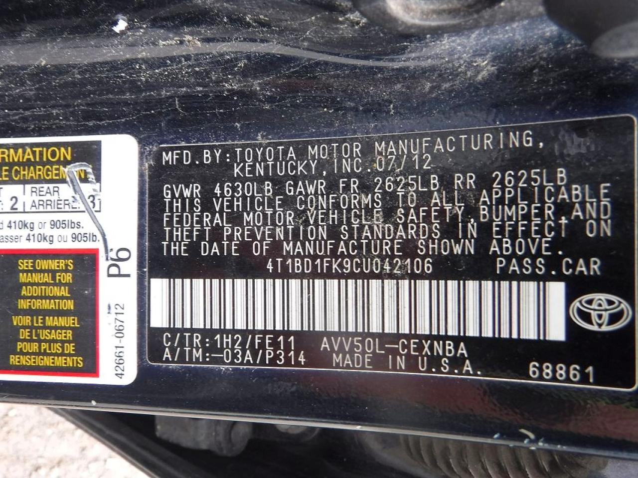 2012 Toyota Camry Hybrid Le Black vin: 4T1BD1FK9CU042106