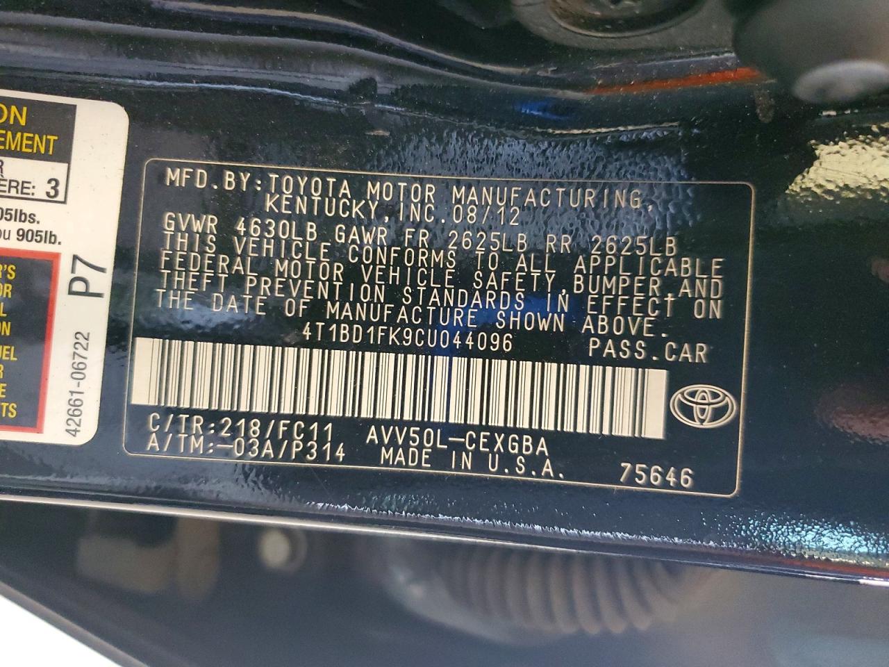 2012 Toyota Camry Hybrid Xle Black vin: 4T1BD1FK9CU044096