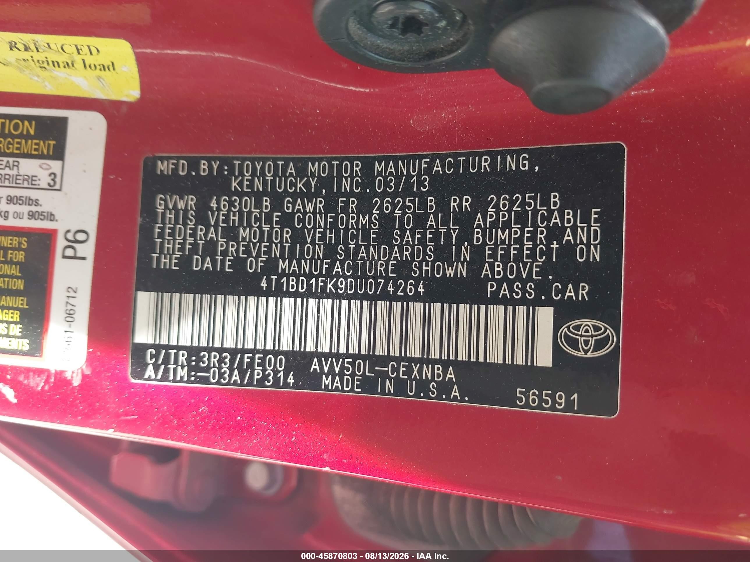 2013 Toyota Camry Hybrid Le Red vin: 4T1BD1FK9DU074264