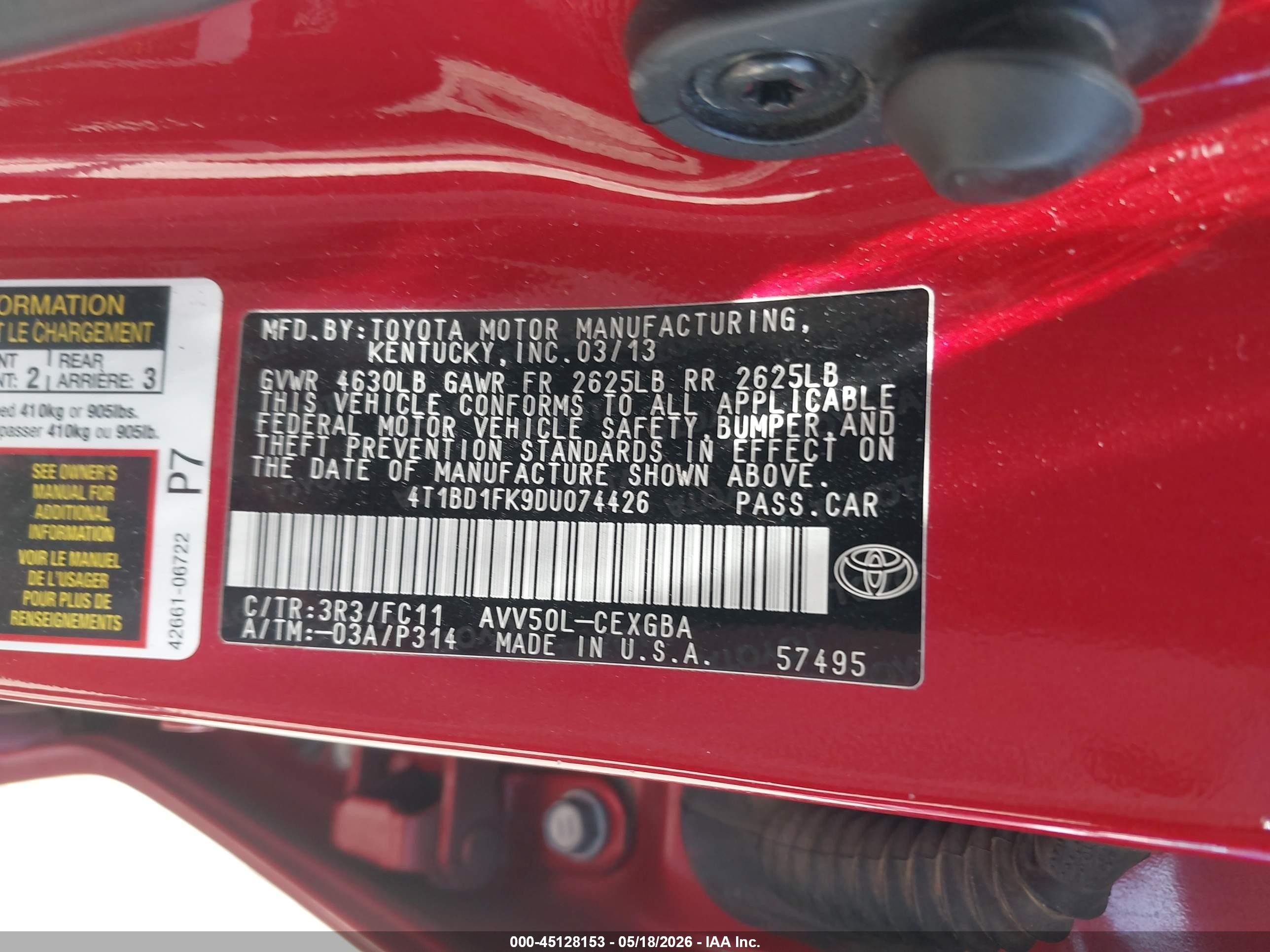 2013 Toyota Camry Hybrid Xle Red vin: 4T1BD1FK9DU074426