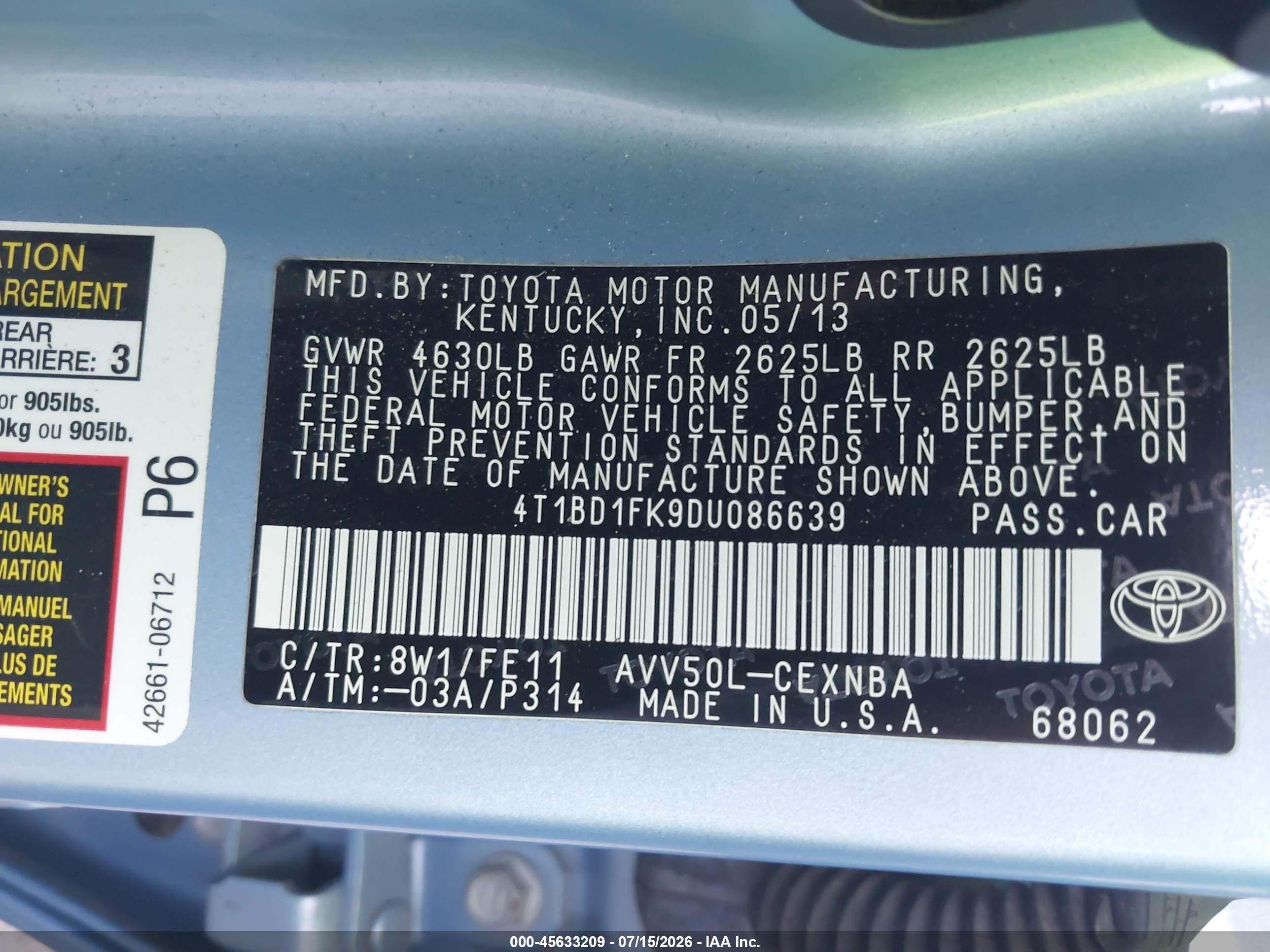 2013 Toyota Camry Hybrid Le Light Blue vin: 4T1BD1FK9DU086639