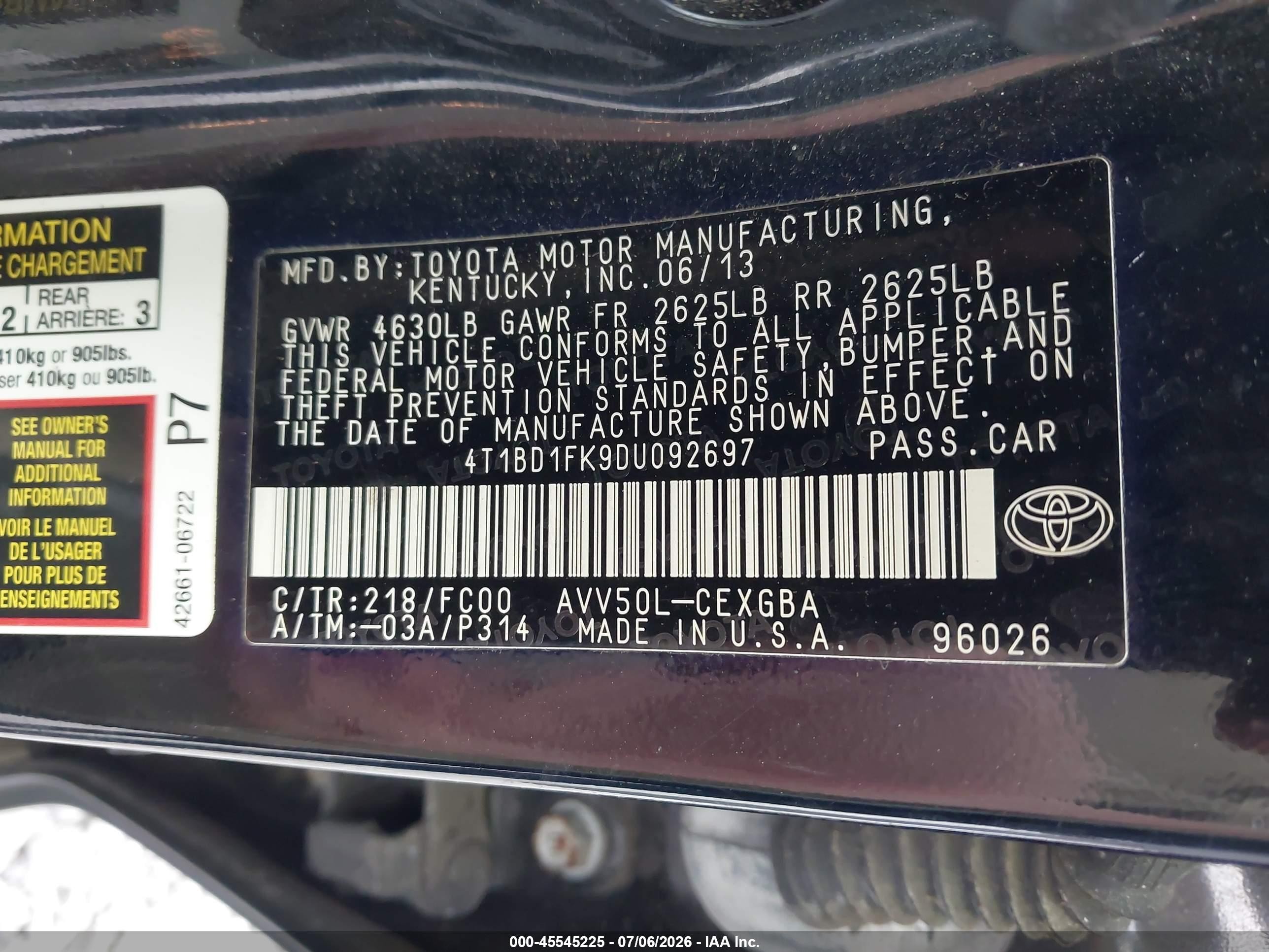 2013 Toyota Camry Hybrid Xle Black vin: 4T1BD1FK9DU092697