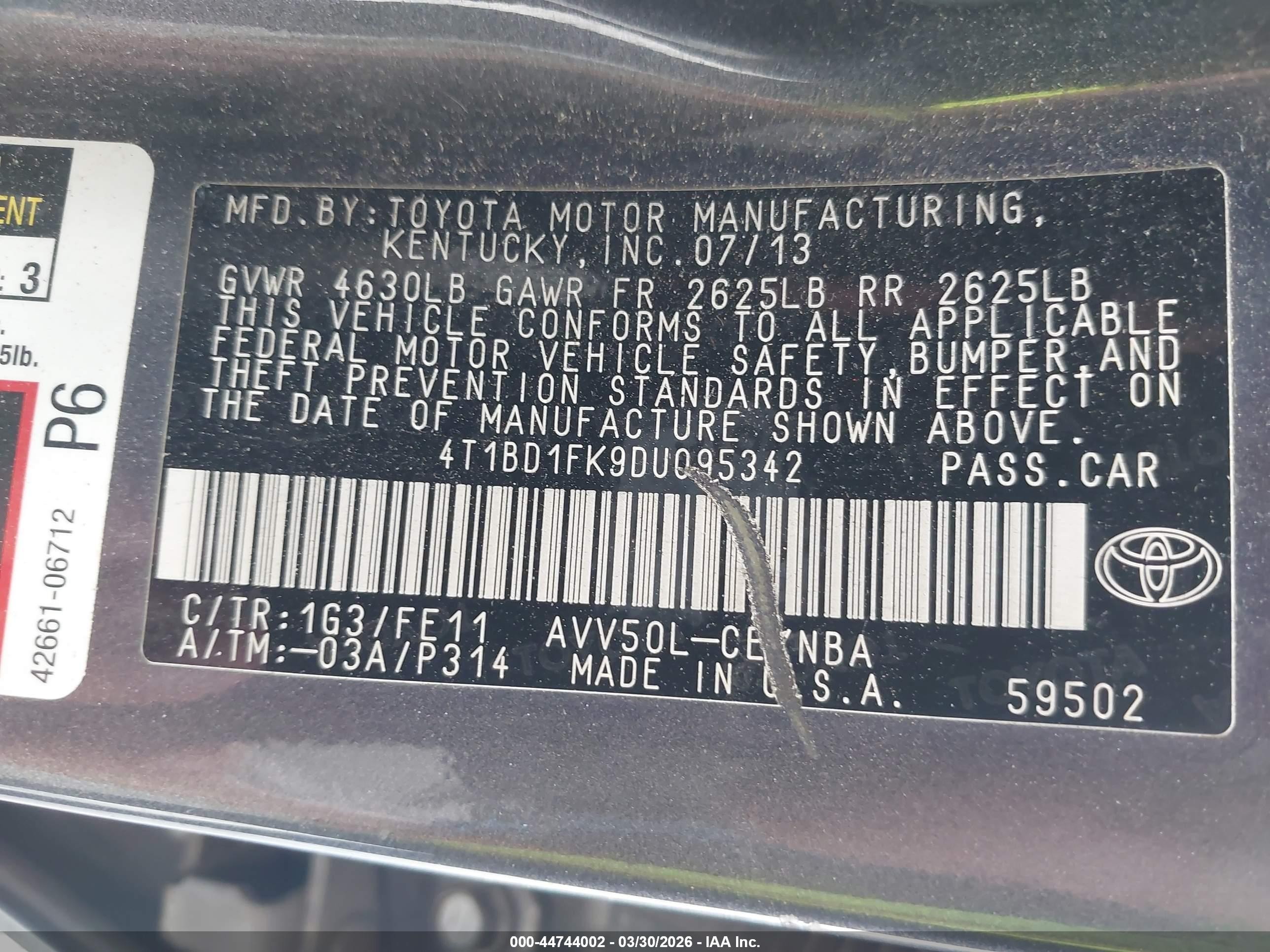 2013 Toyota Camry Hybrid Le Серый vin: 4T1BD1FK9DU095342