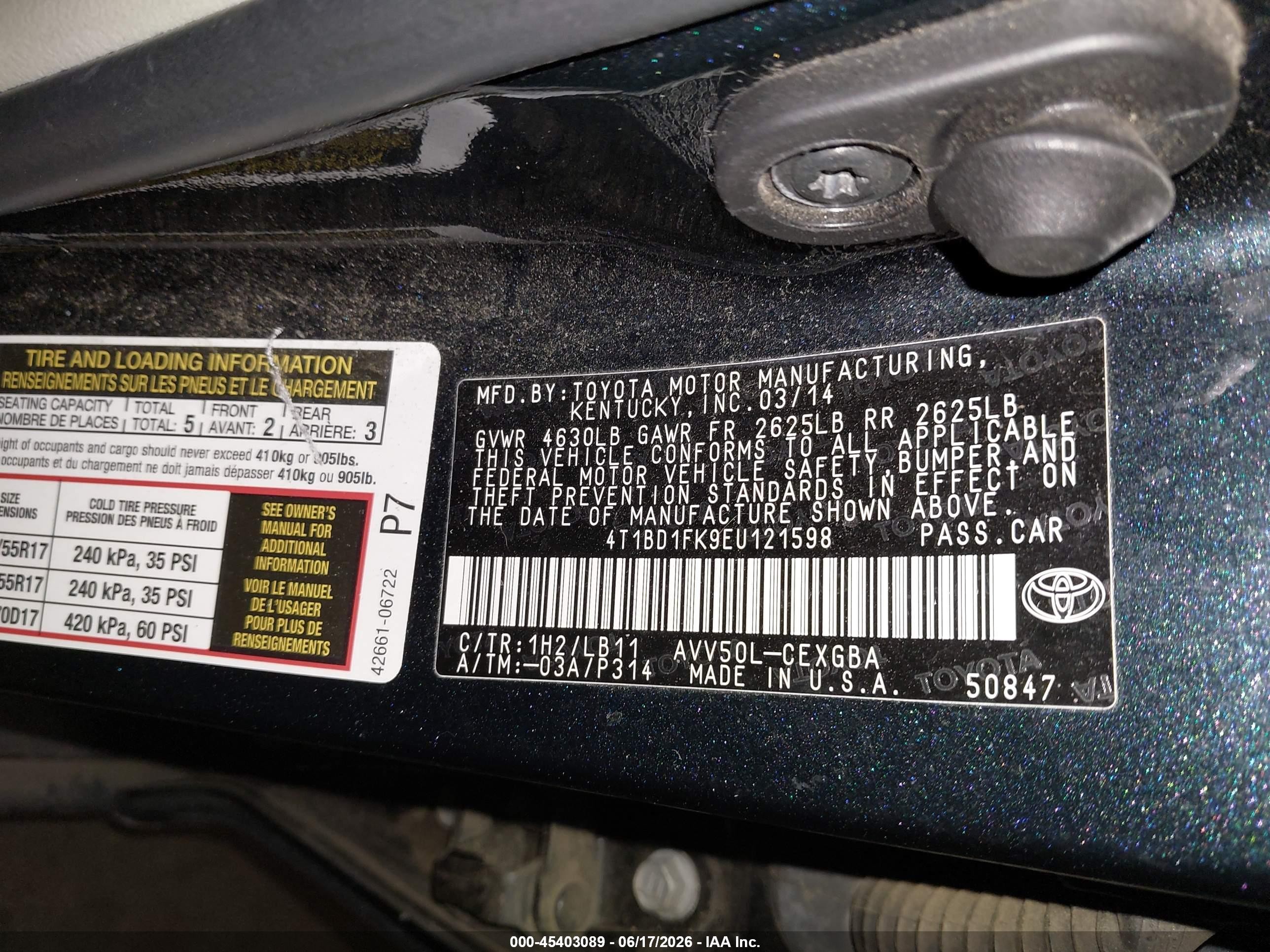 2014 Toyota Camry Hybrid Xle Black vin: 4T1BD1FK9EU121598