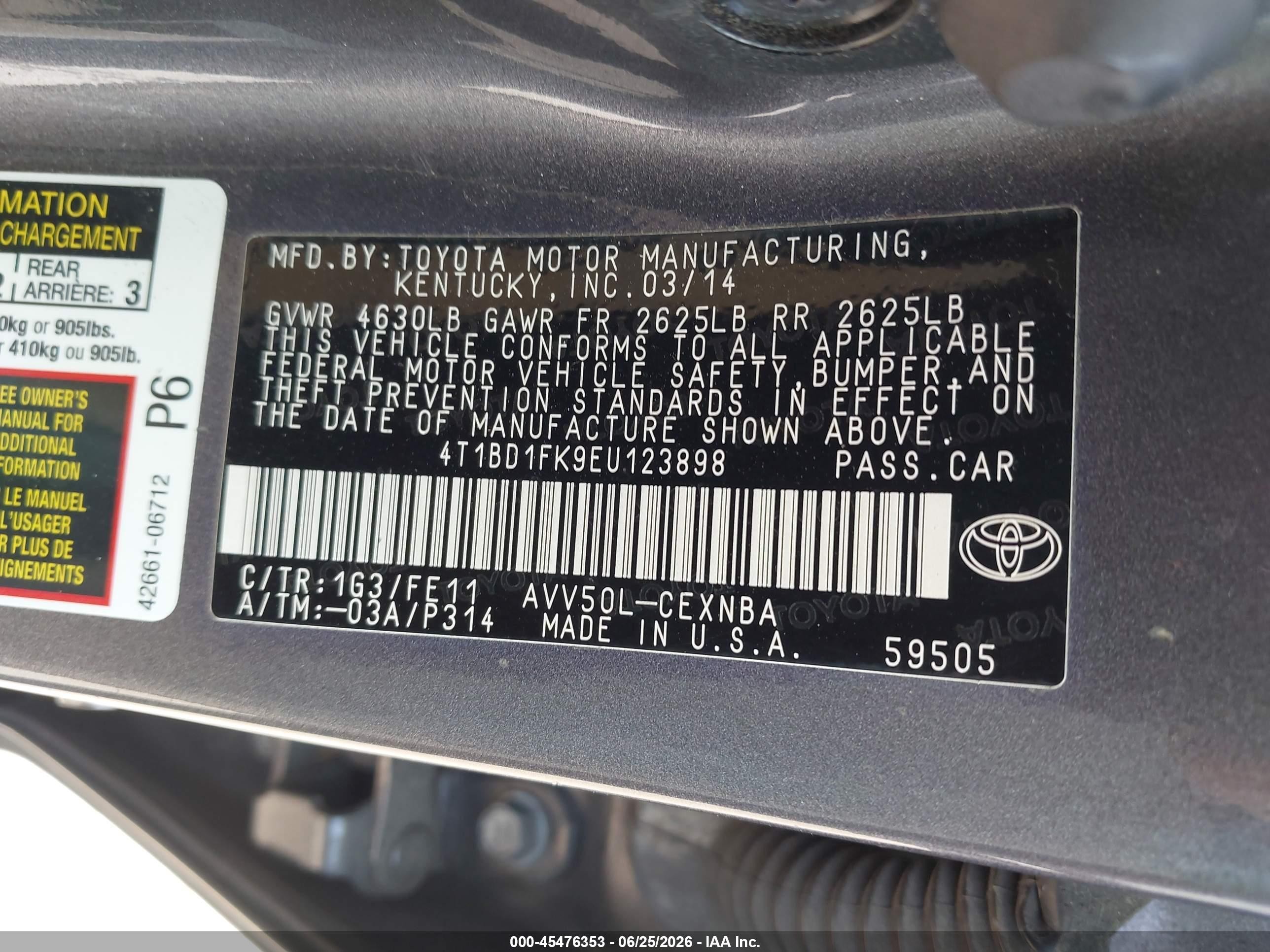 2014 Toyota Camry Hybrid Le Gray vin: 4T1BD1FK9EU123898