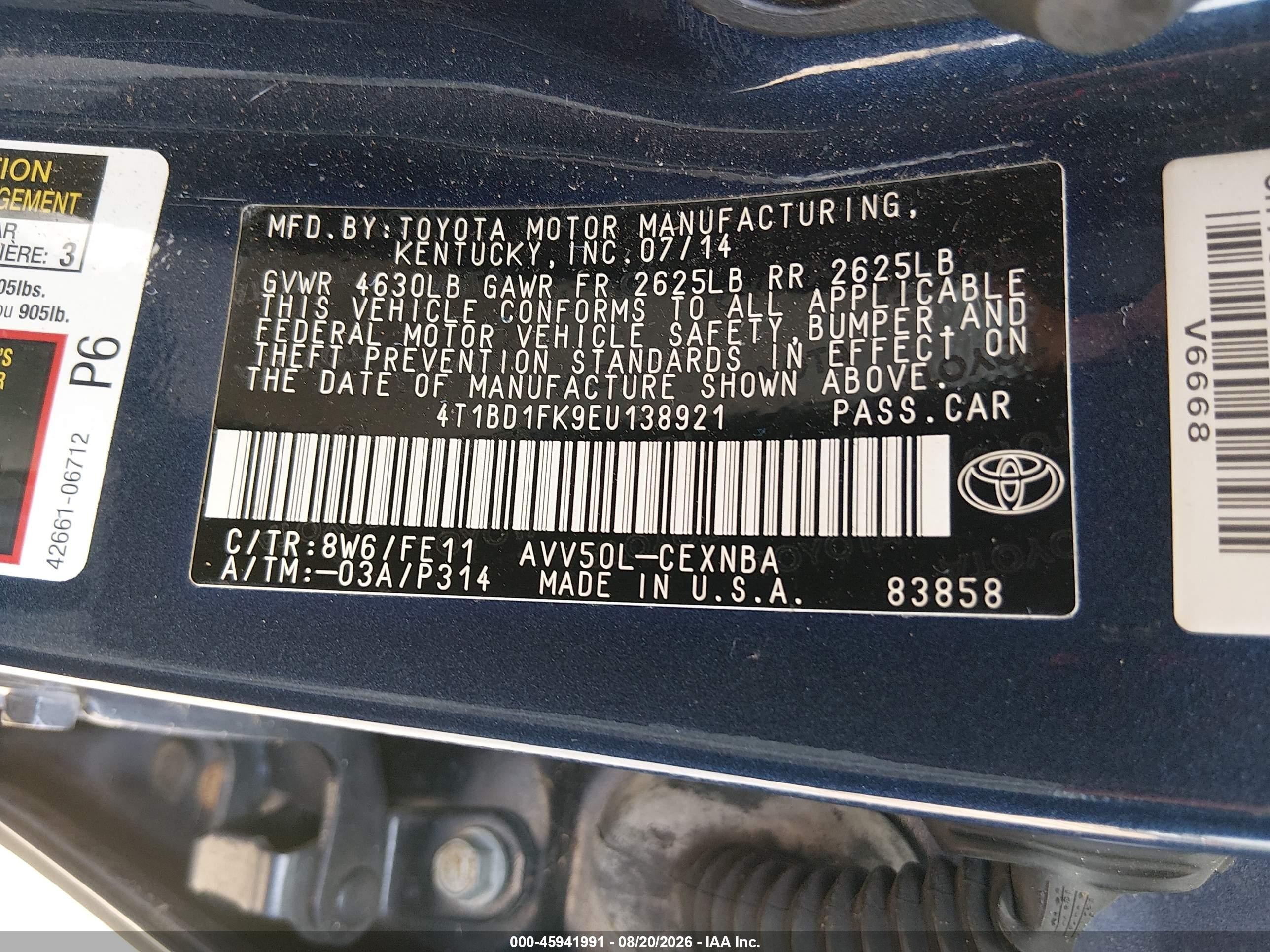2014 Toyota Camry Hybrid Le Синий vin: 4T1BD1FK9EU138921
