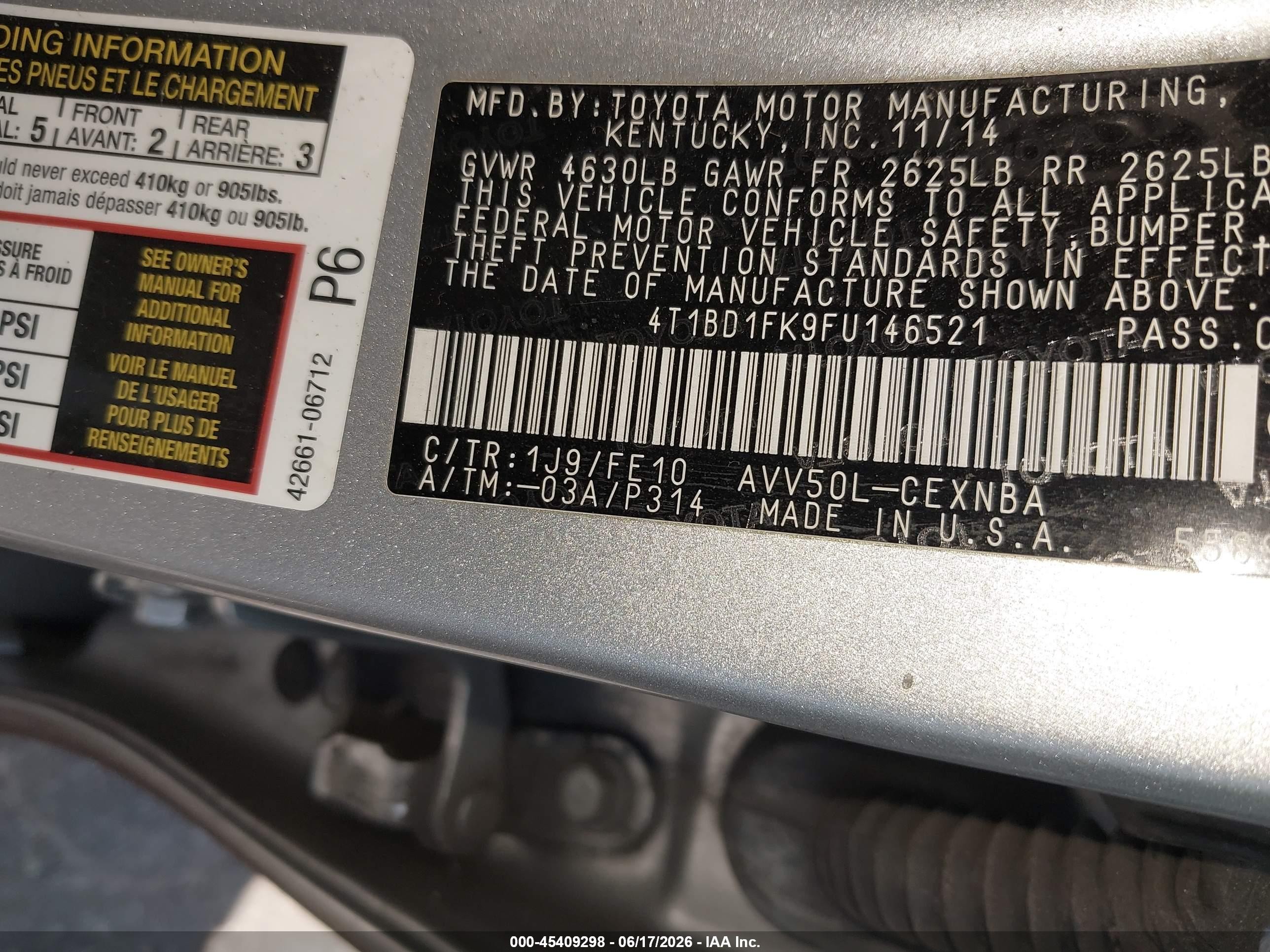2015 Toyota Camry Hybrid Le Gray vin: 4T1BD1FK9FU146521