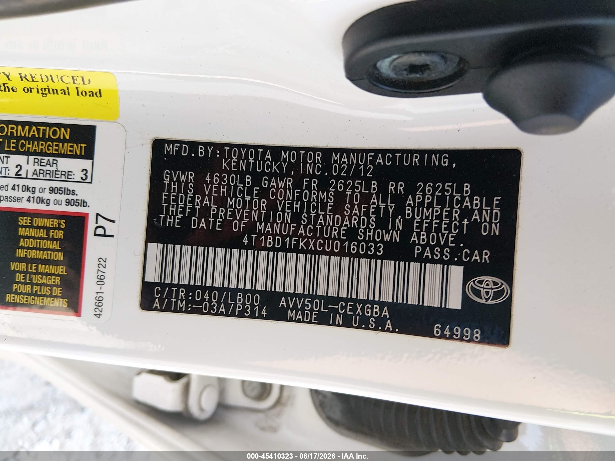 2012 Toyota Camry Hybrid Xle White vin: 4T1BD1FKXCU016033