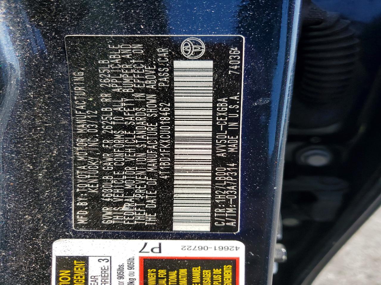 2012 Toyota Camry Hybrid Xle Серый vin: 4T1BD1FKXCU018462