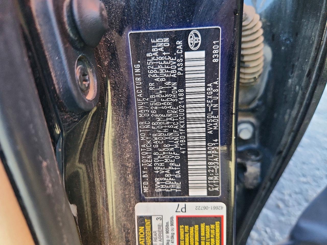 2012 Toyota Camry Hybrid Xle Black vin: 4T1BD1FKXCU021488