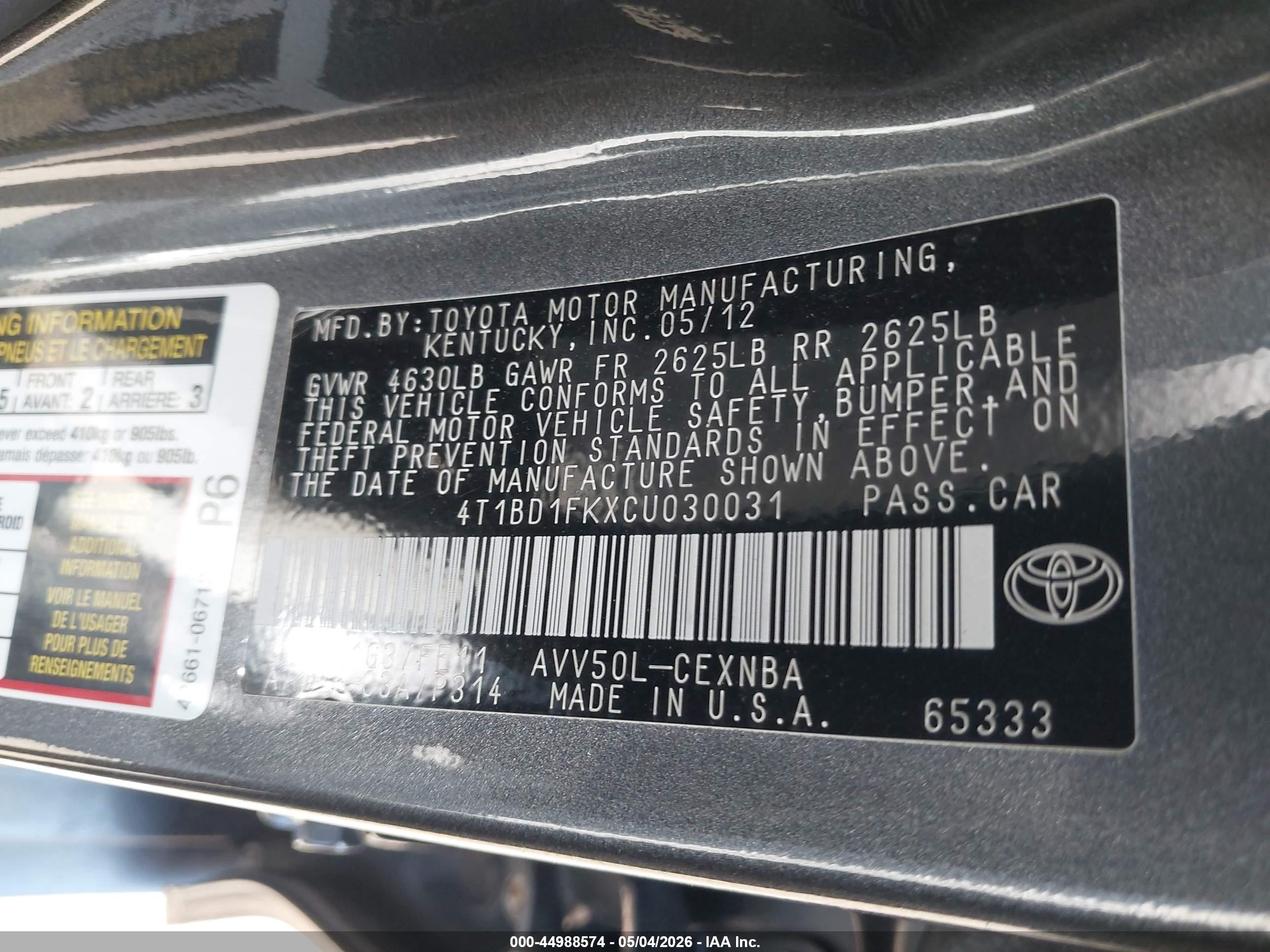 2012 Toyota Camry Hybrid Le Gray vin: 4T1BD1FKXCU030031
