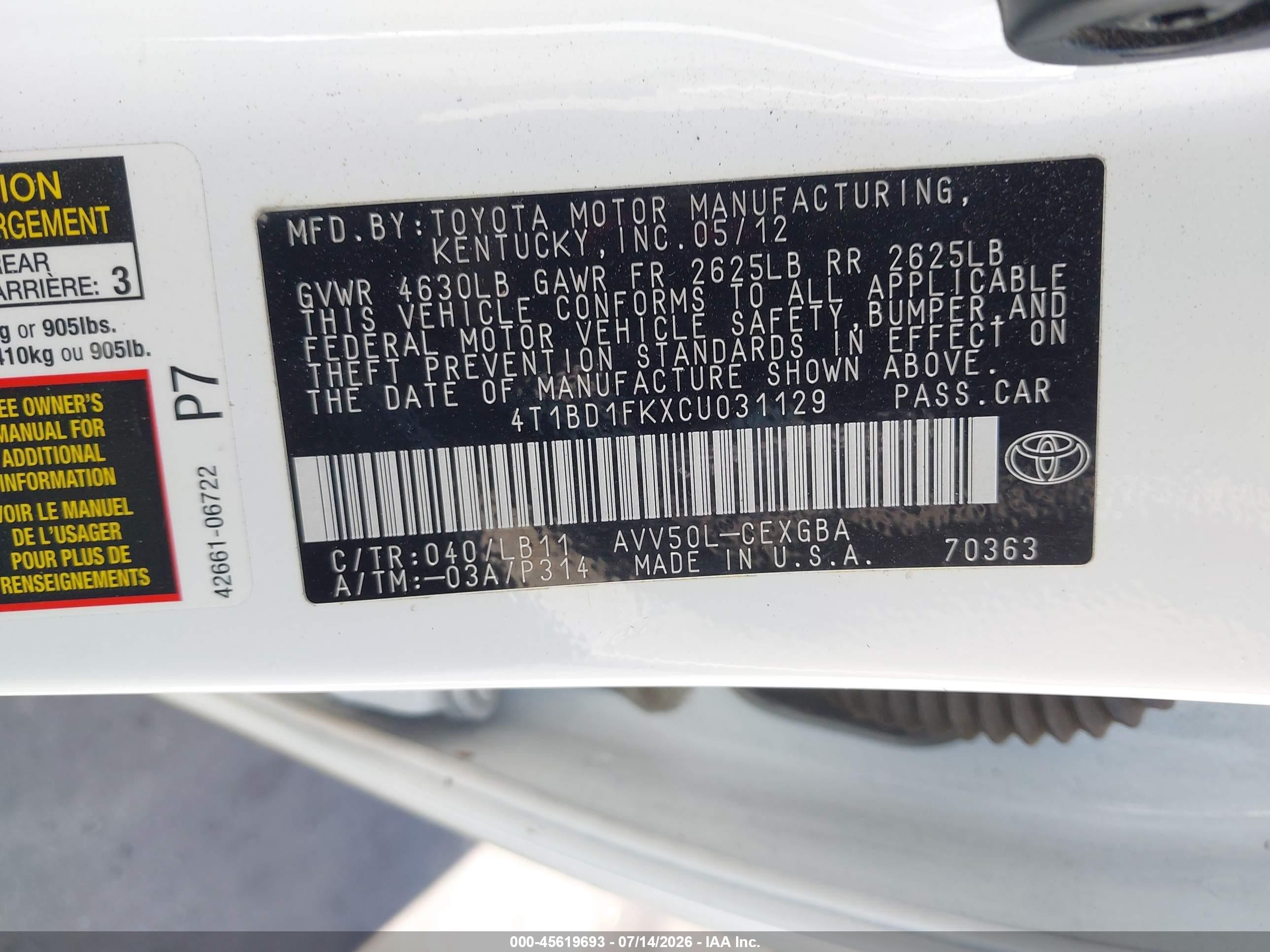 2012 Toyota Camry Hybrid Xle White vin: 4T1BD1FKXCU031129