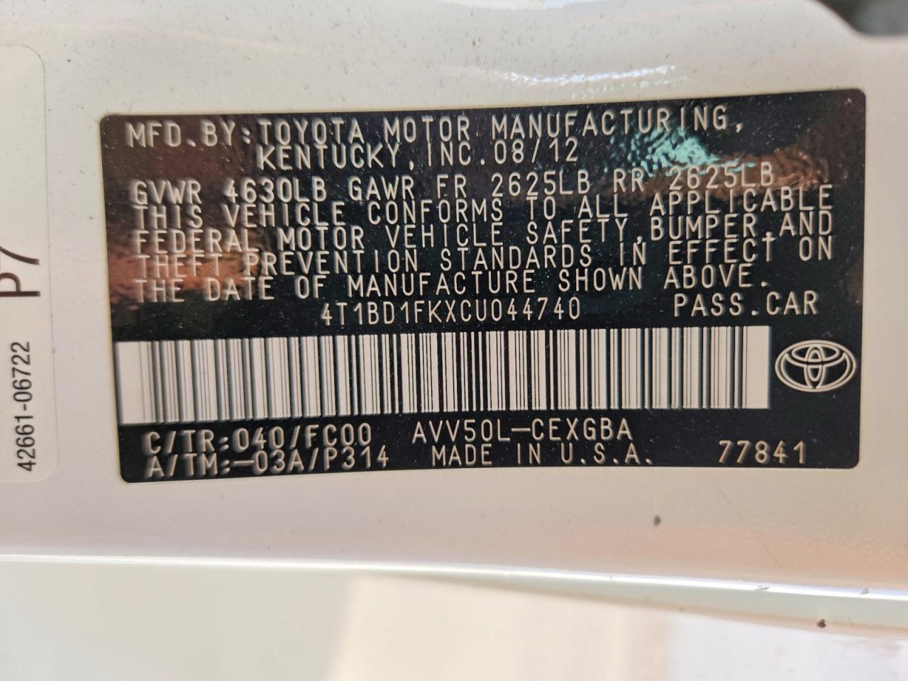 2012 Toyota Camry Hybrid Xle White vin: 4T1BD1FKXCU044740