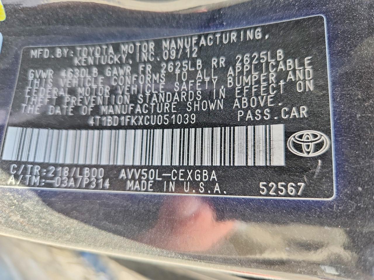 2012 Toyota Camry Hybrid Xle Black vin: 4T1BD1FKXCU051039