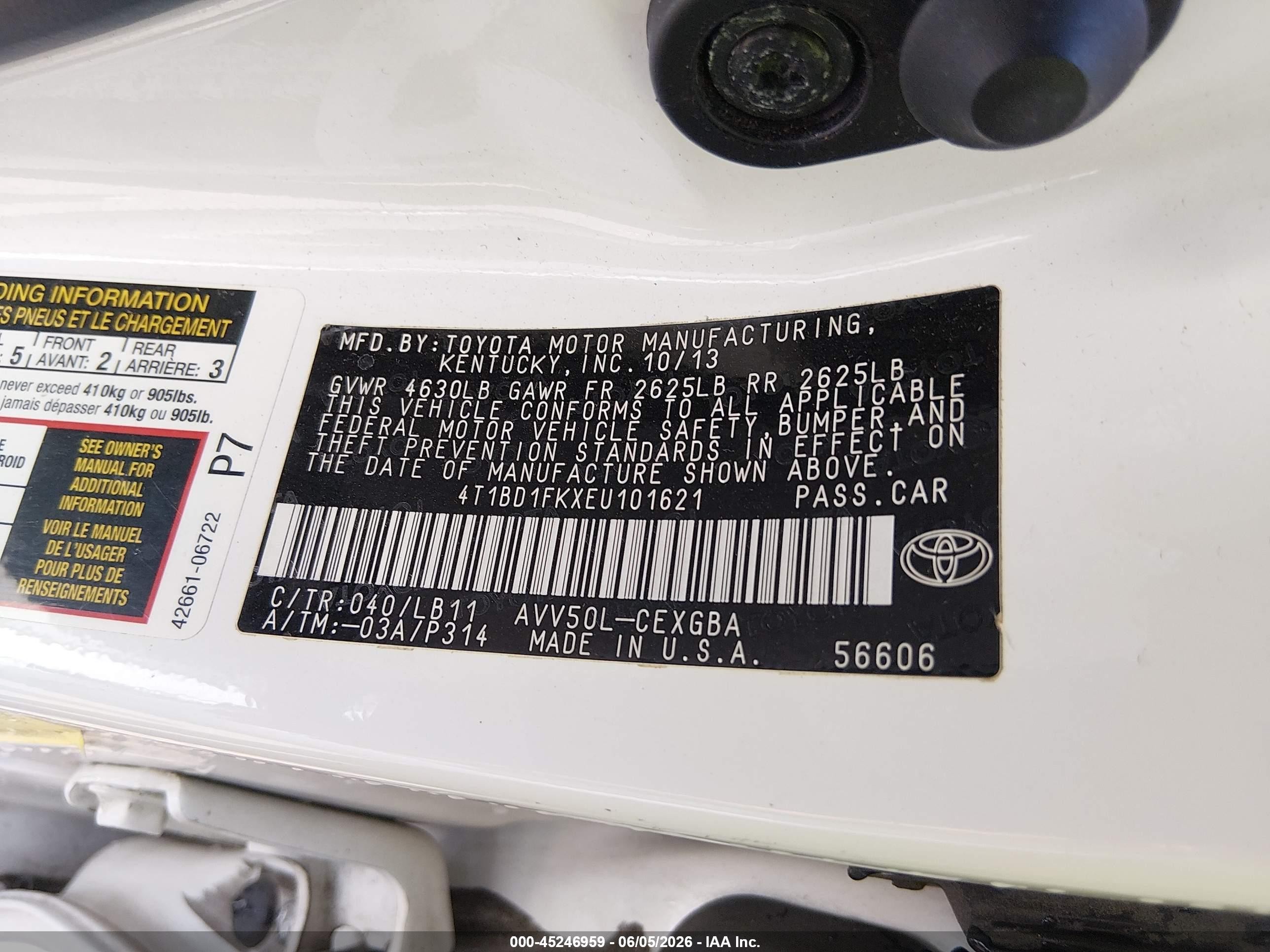2014 Toyota Camry Hybrid Xle White vin: 4T1BD1FKXEU101621