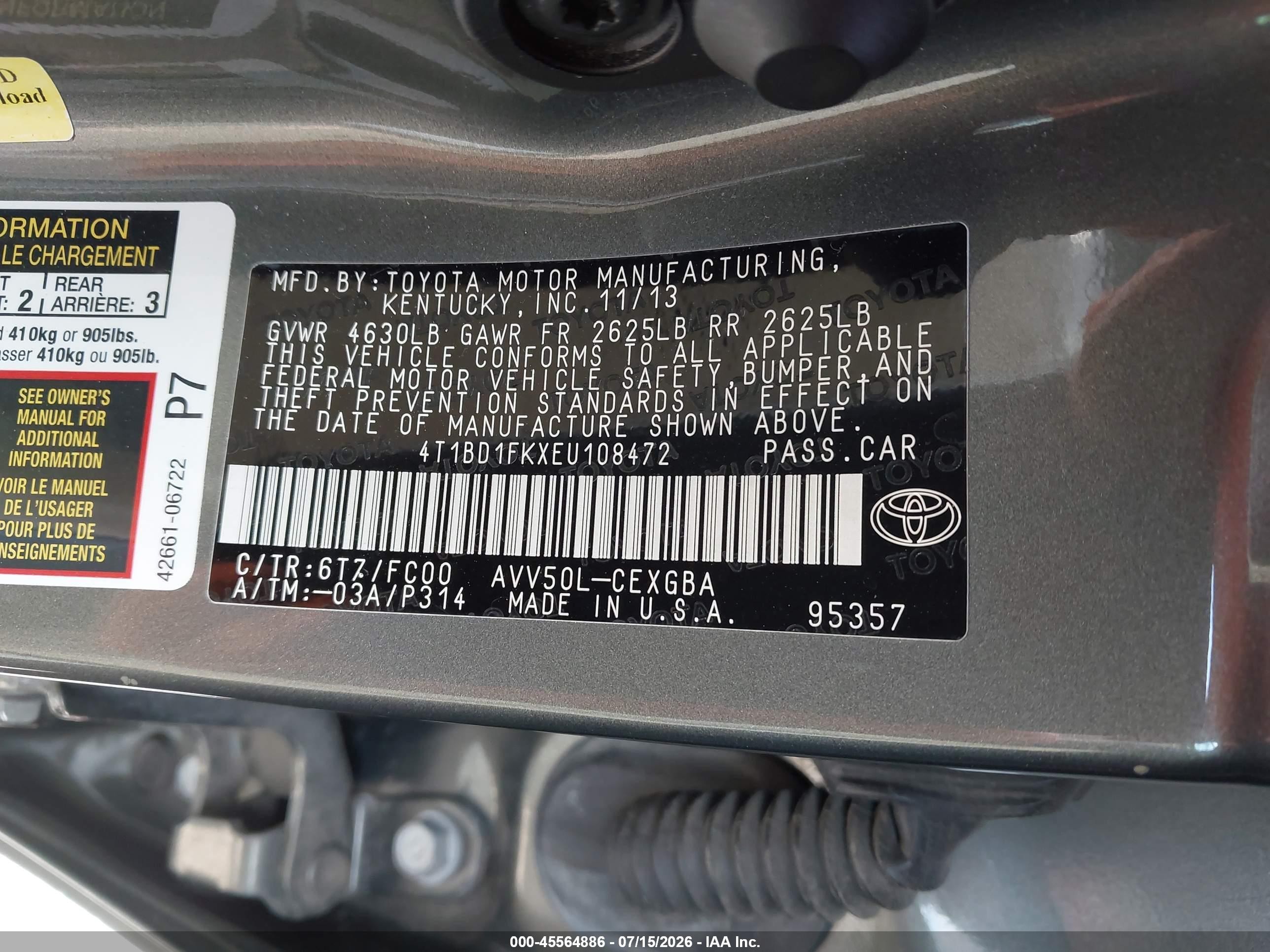 2014 Toyota Camry Hybrid Xle Green vin: 4T1BD1FKXEU108472