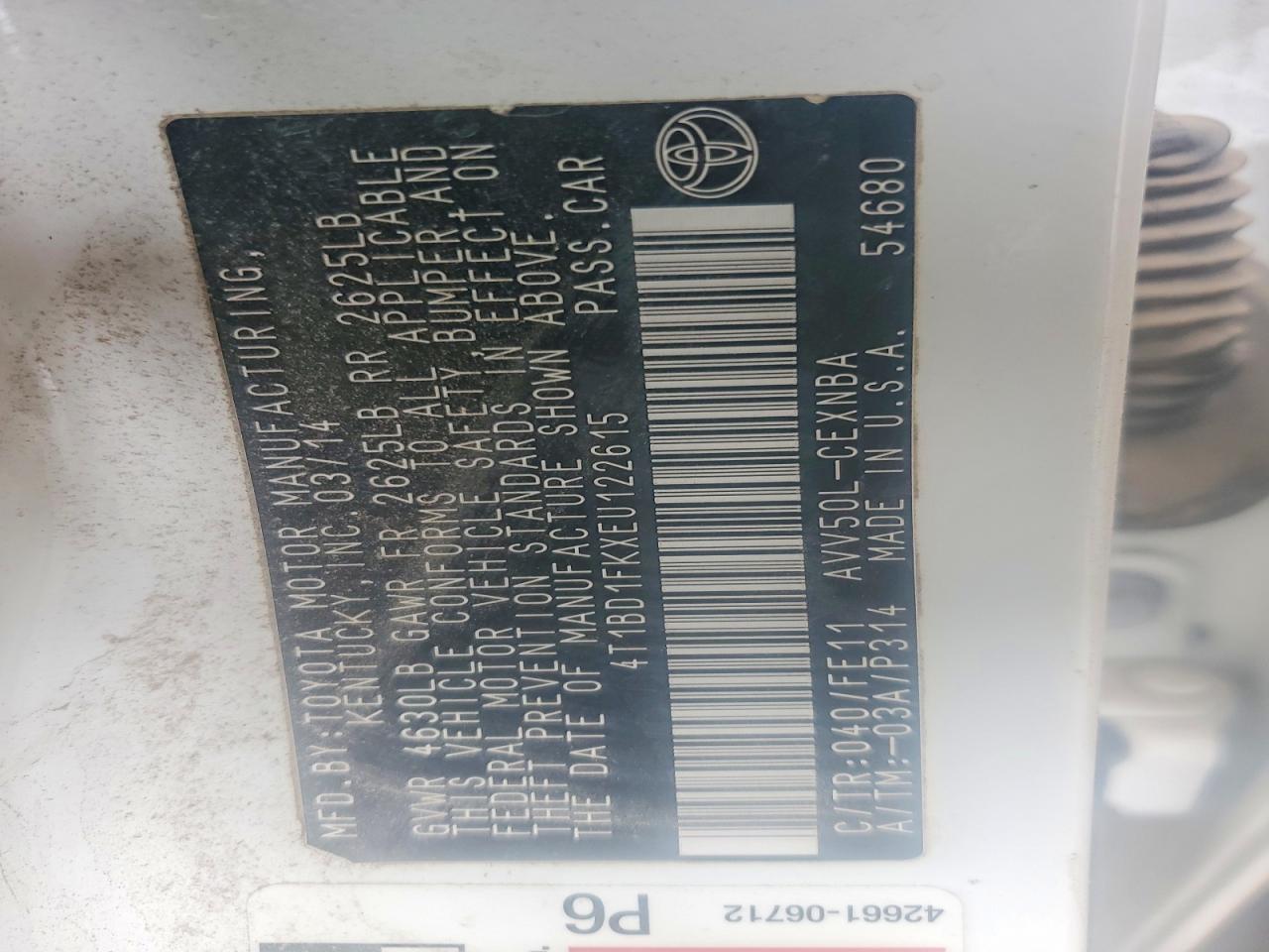 2014 Toyota Camry Hybrid Le Белый vin: 4T1BD1FKXEU122615