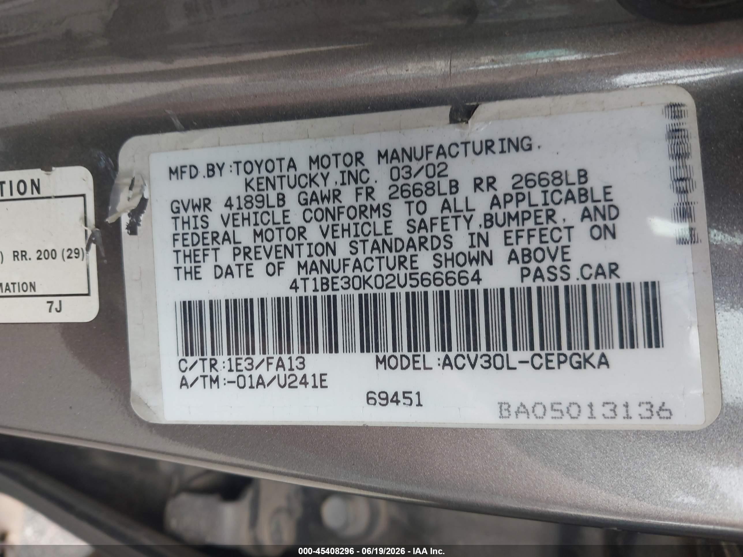 2002 Toyota Camry Xle Silver vin: 4T1BE30K02U566664