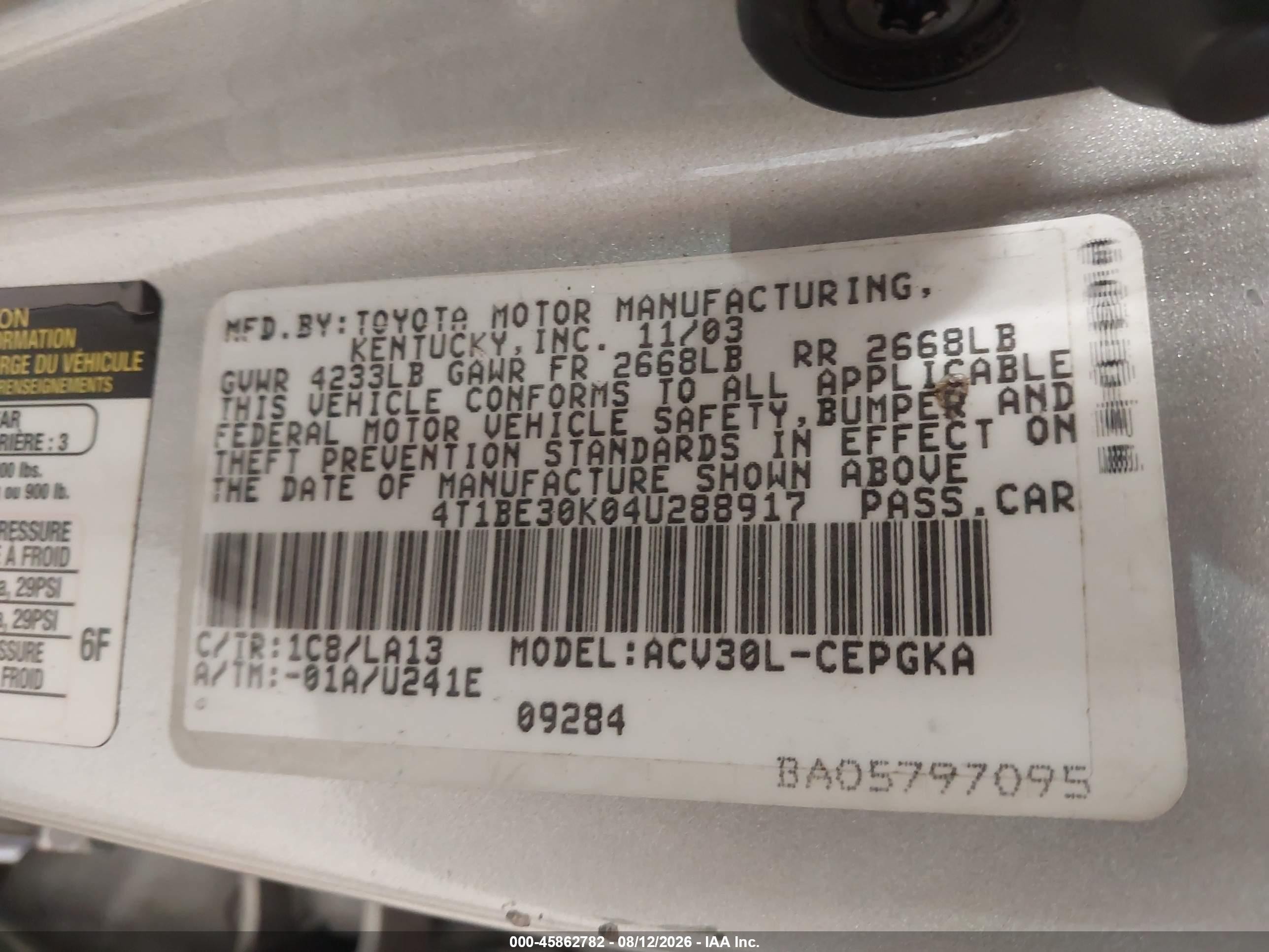 2004 Toyota Camry Xle Silver vin: 4T1BE30K04U288917