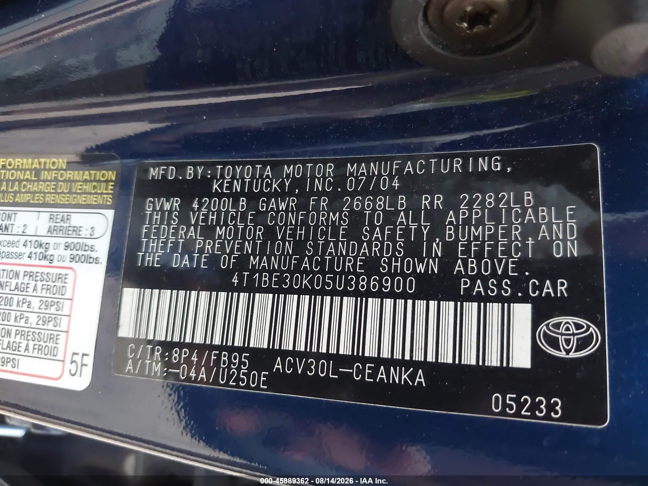 2005 Toyota Camry Le Blue vin: 4T1BE30K05U386900