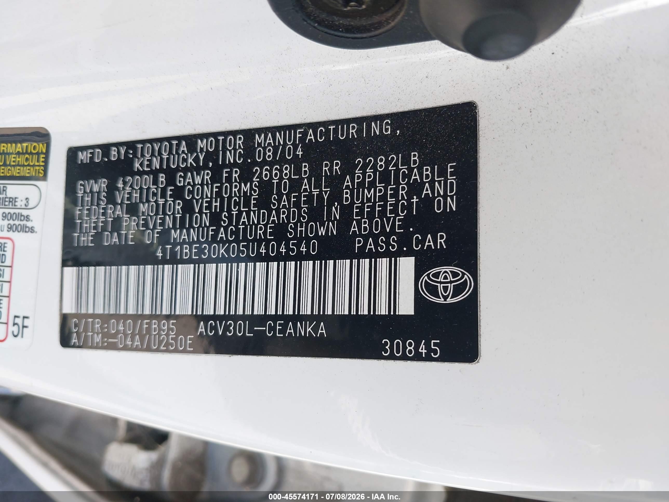 2005 Toyota Camry Le White vin: 4T1BE30K05U404540