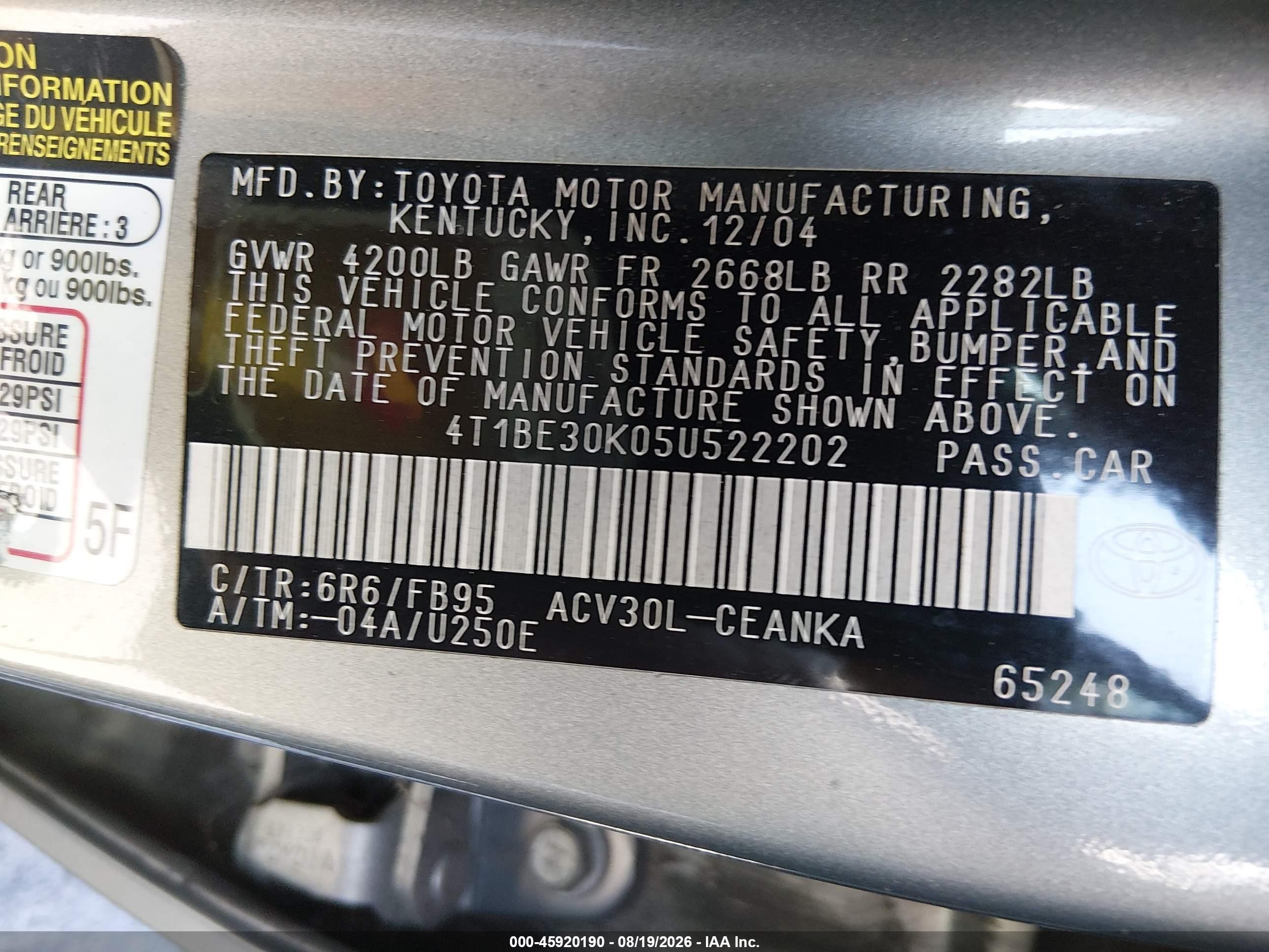 2005 Toyota Camry Le Gray vin: 4T1BE30K05U522202