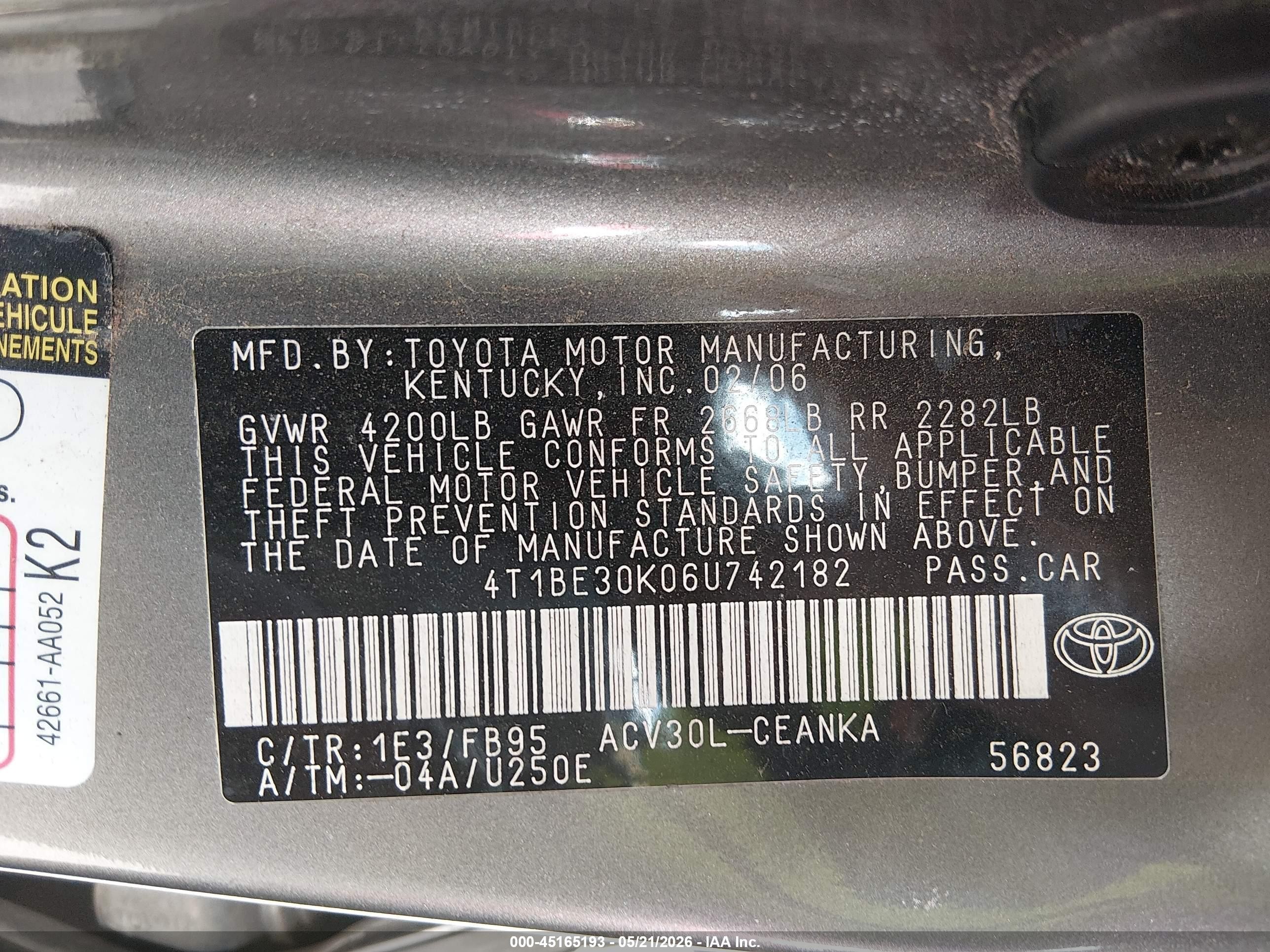 2006 Toyota Camry Le Серый vin: 4T1BE30K06U742182