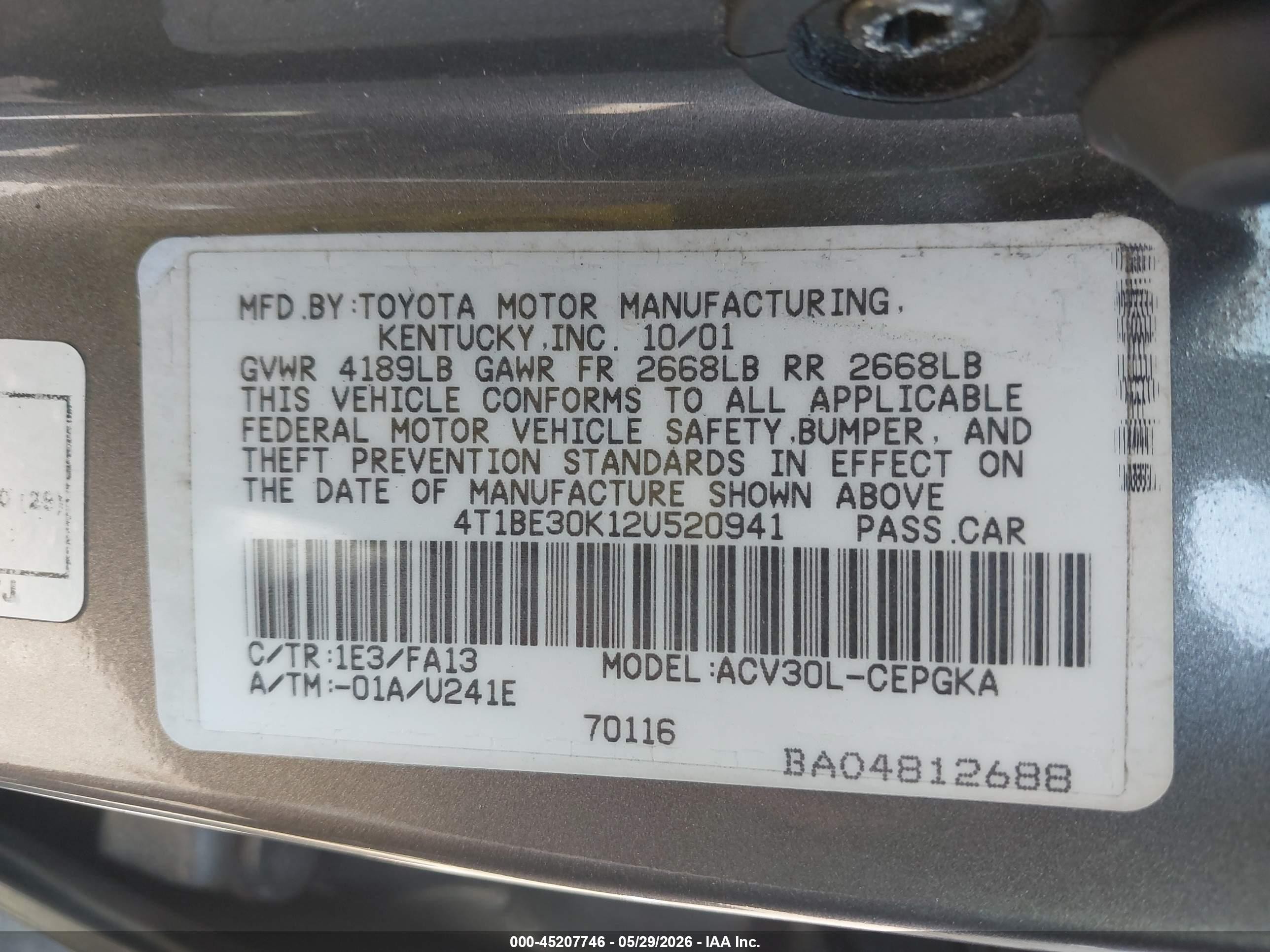 2002 Toyota Camry Xle Gray vin: 4T1BE30K12U520941