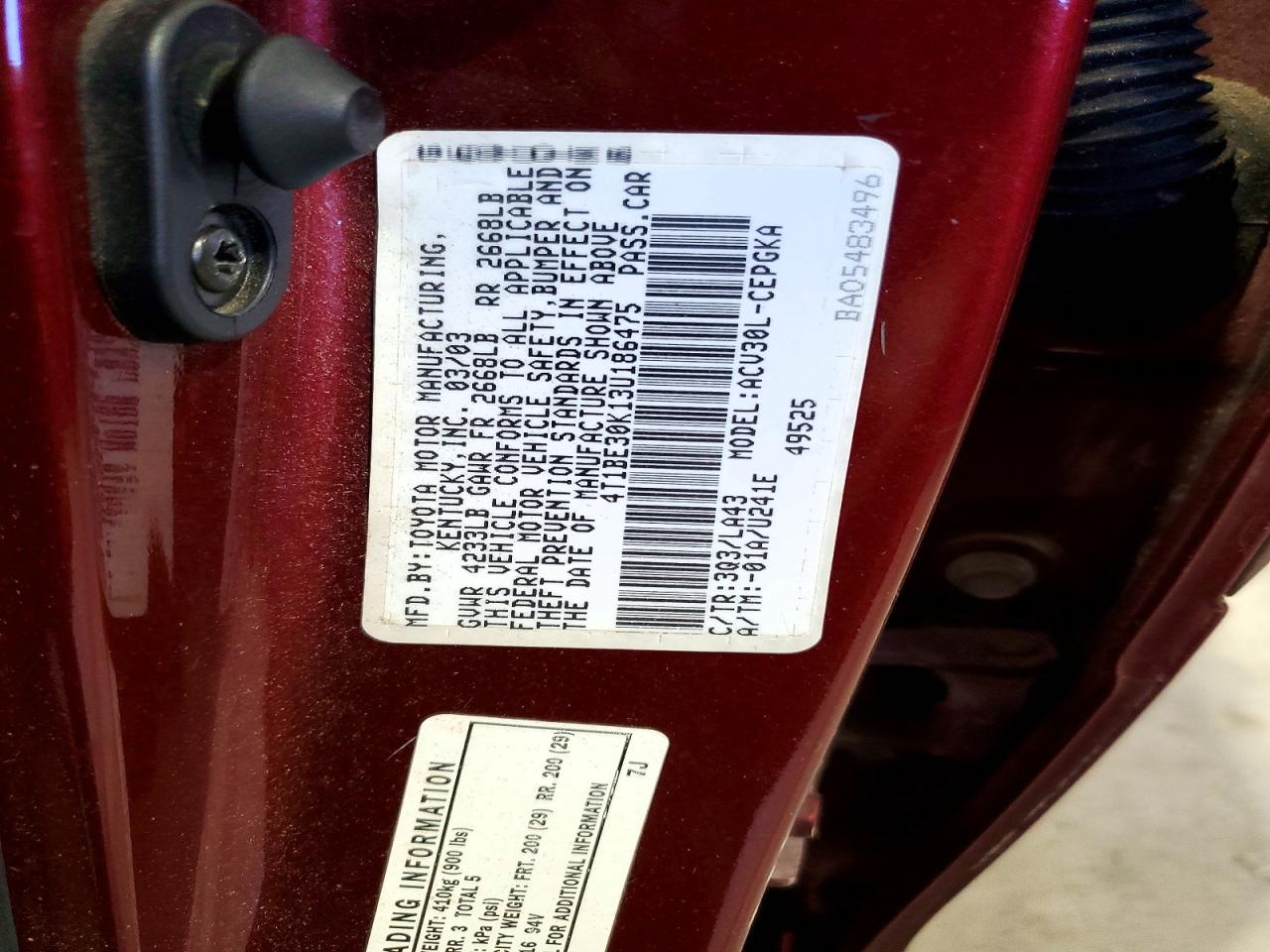 2003 Toyota Camry Xle Burgundy vin: 4T1BE30K13U186475