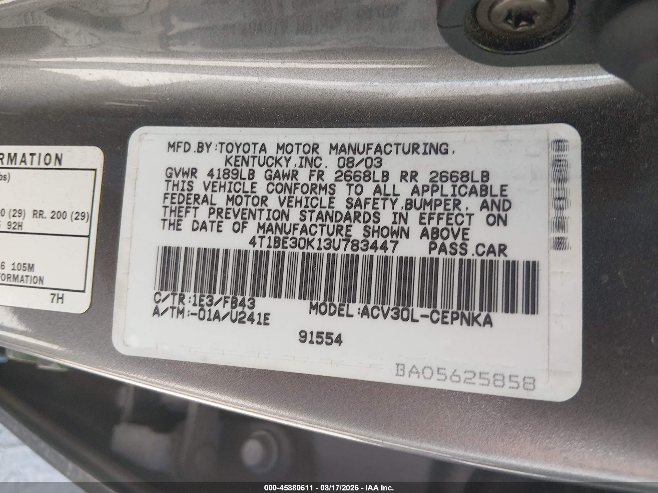 2003 Toyota Camry Le Gray vin: 4T1BE30K13U783447