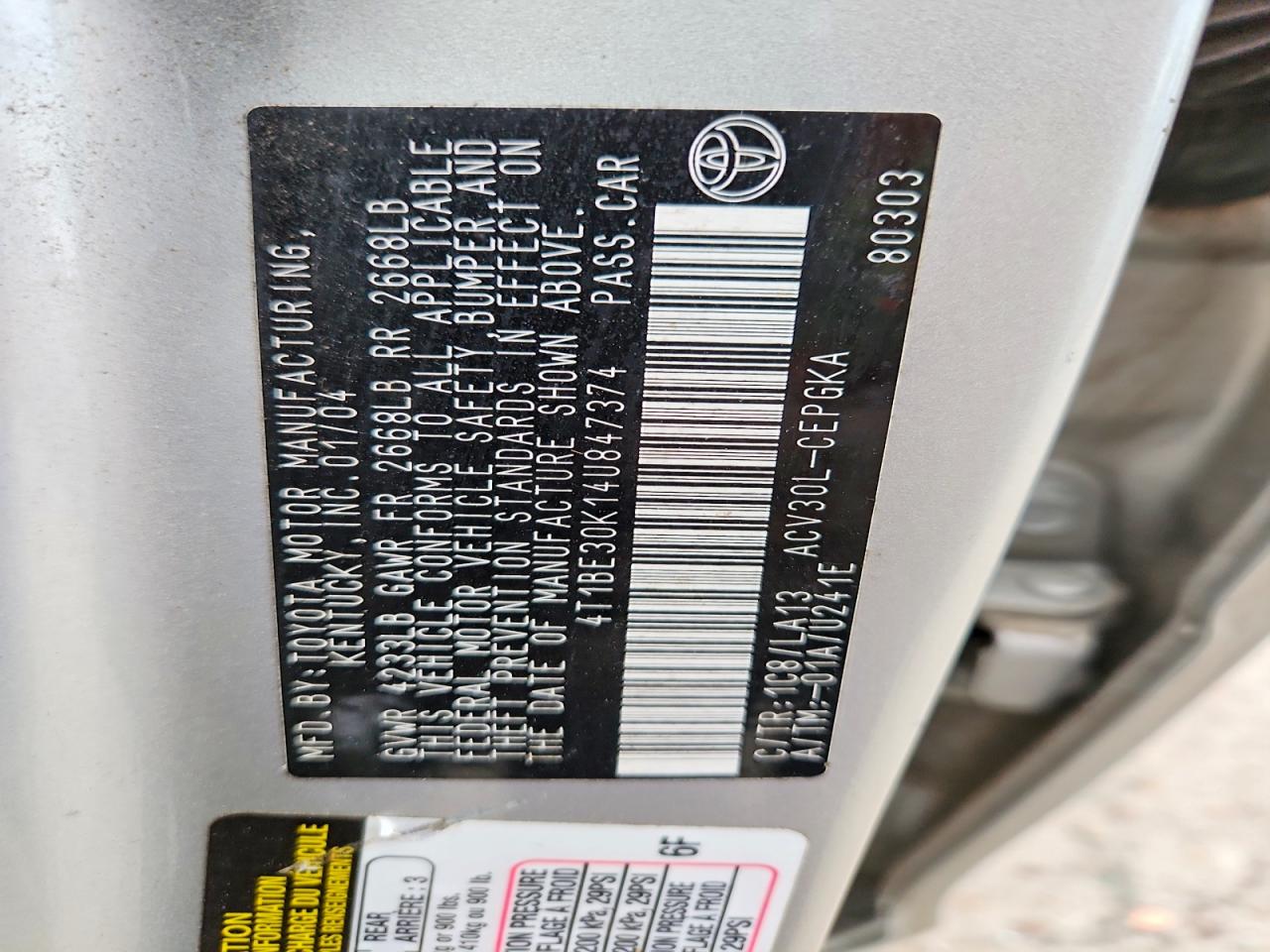 2004 Toyota Camry Xle Silver vin: 4T1BE30K14U847374
