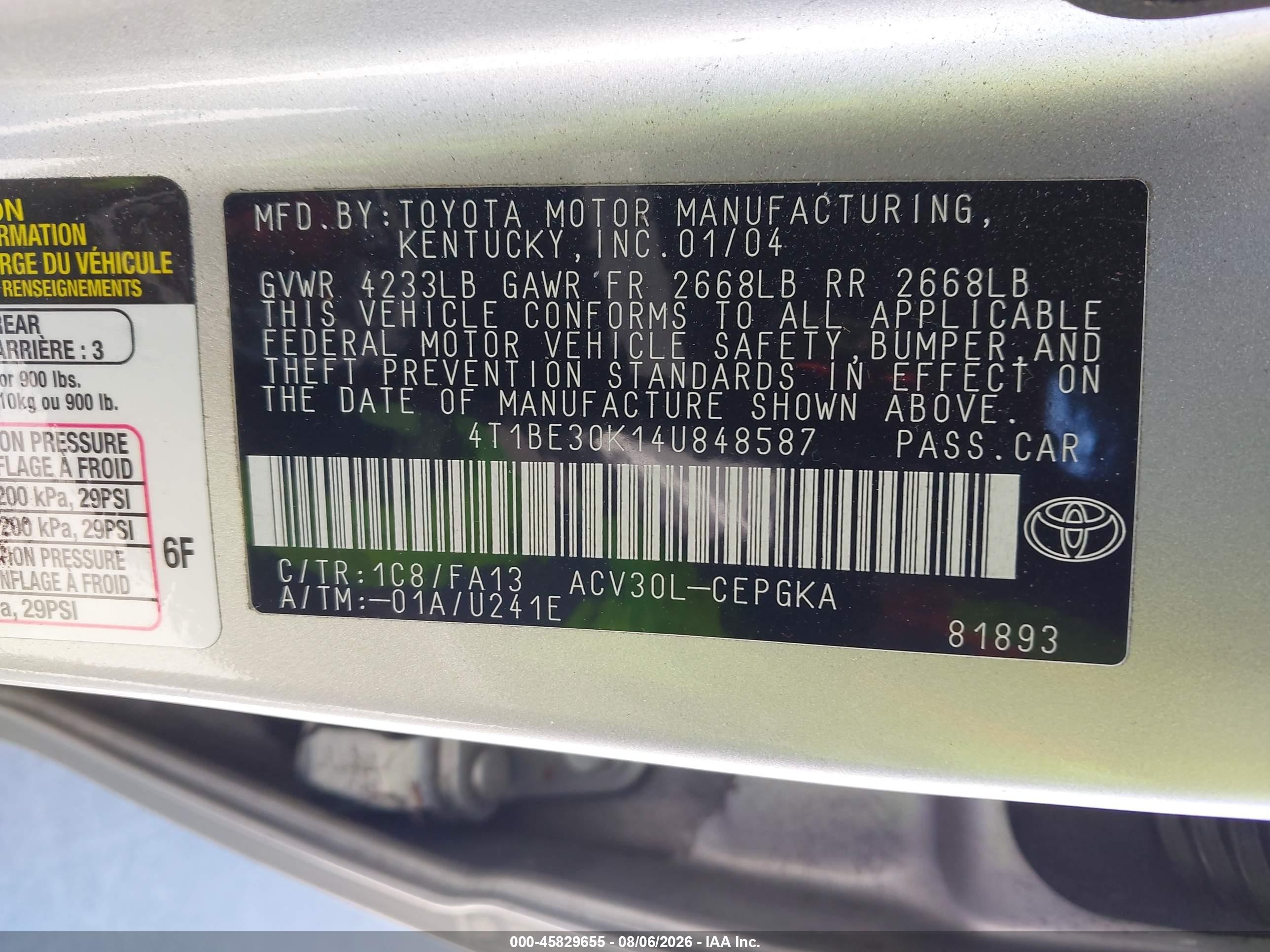 2004 Toyota Camry Xle Silver vin: 4T1BE30K14U848587