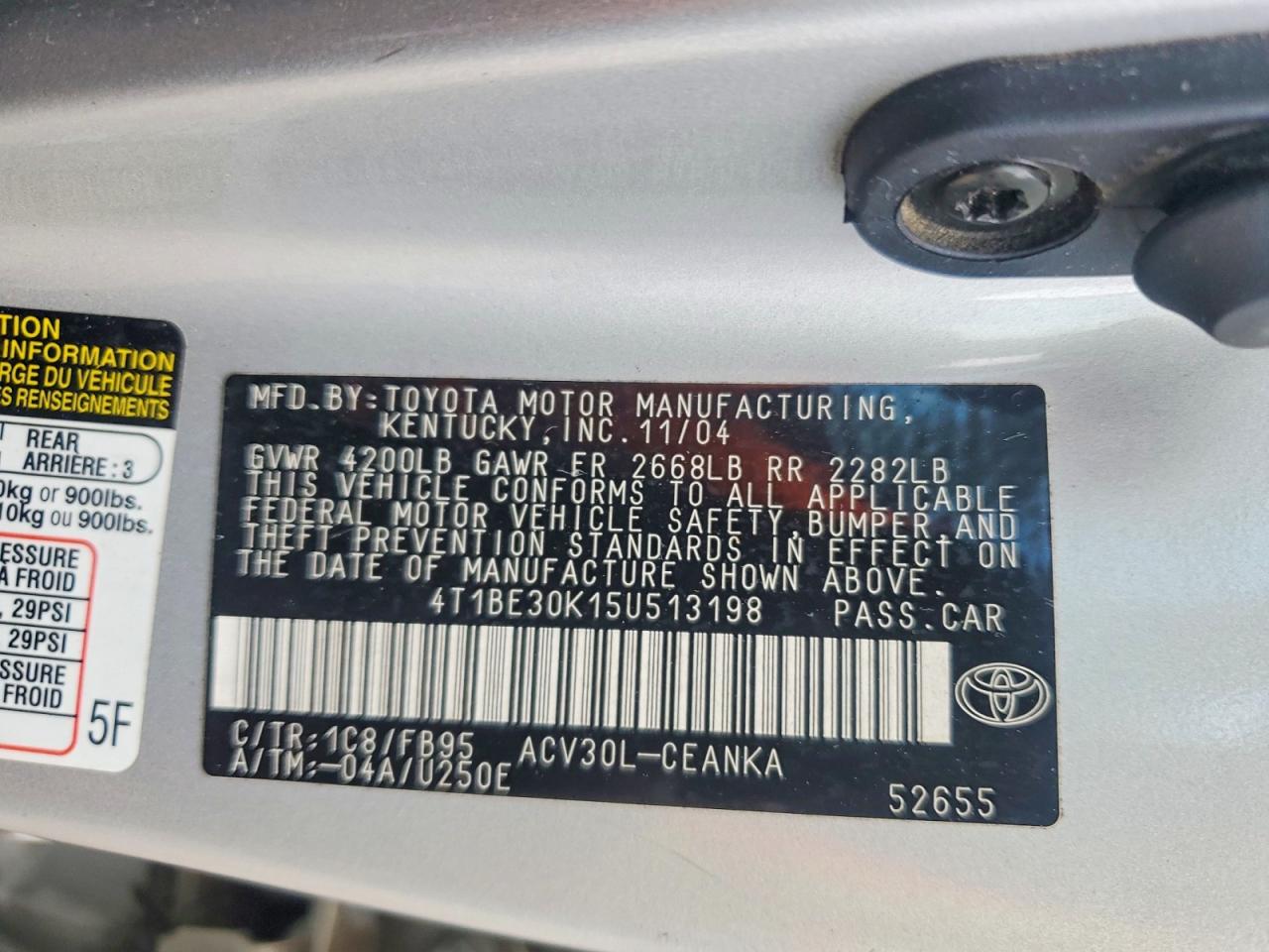 2005 Toyota Camry Le Silver vin: 4T1BE30K15U513198