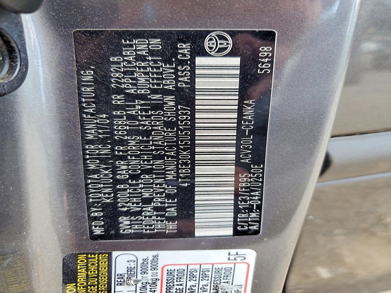 2005 Toyota Camry Le Gray vin: 4T1BE30K15U515937