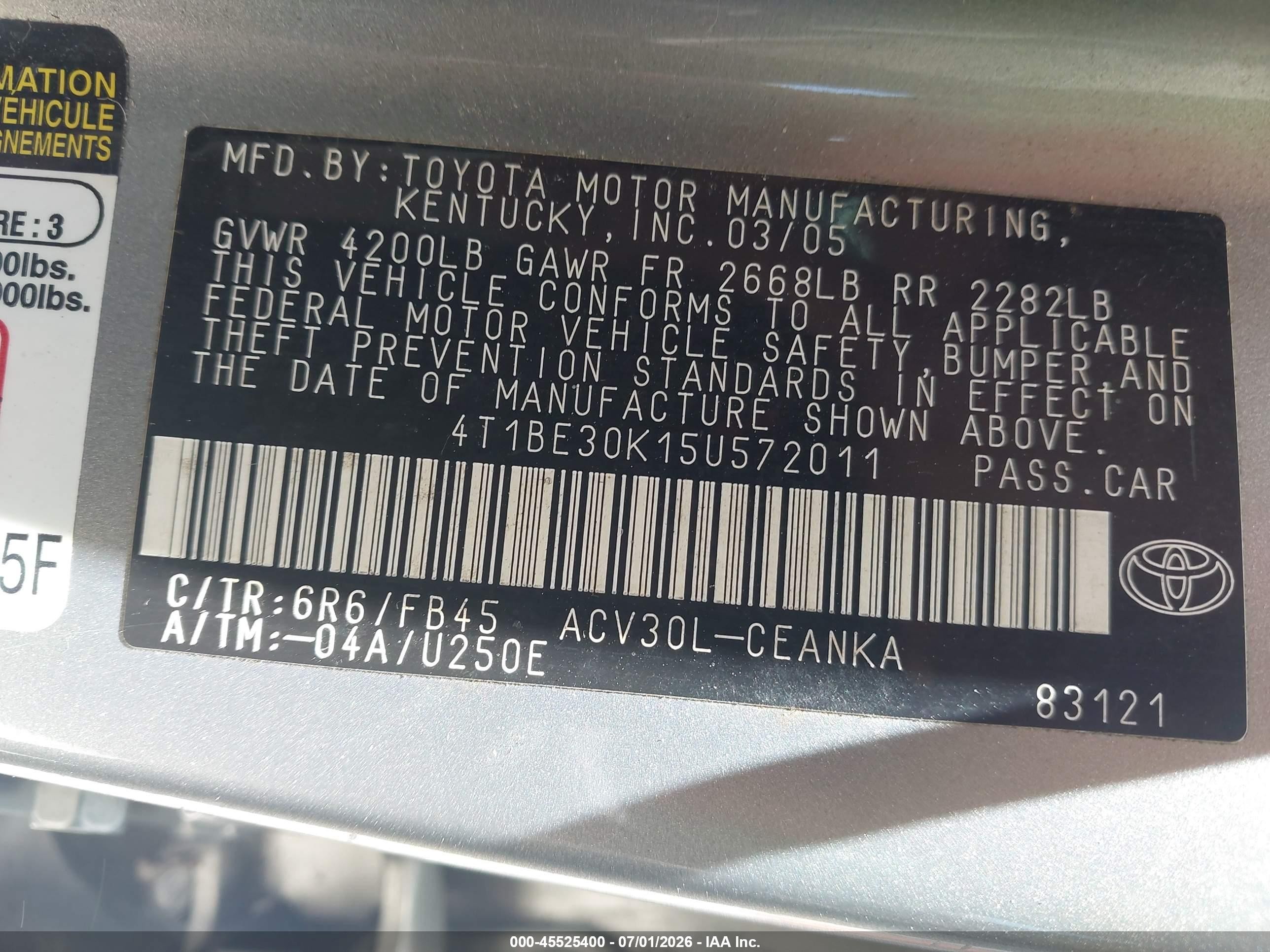 2005 Toyota Camry Le Серый vin: 4T1BE30K15U572011