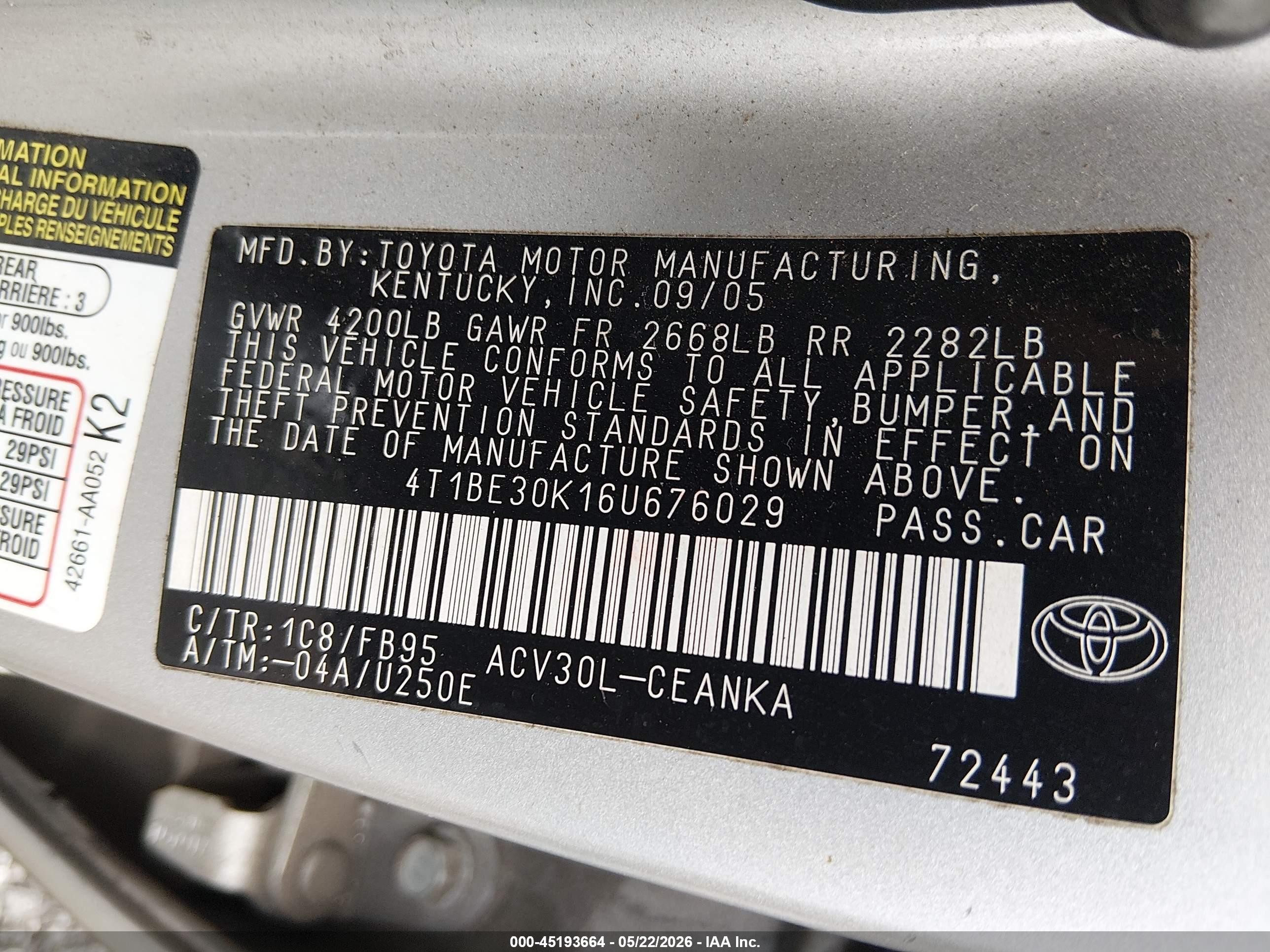 2006 Toyota Camry Le Silver vin: 4T1BE30K16U676029