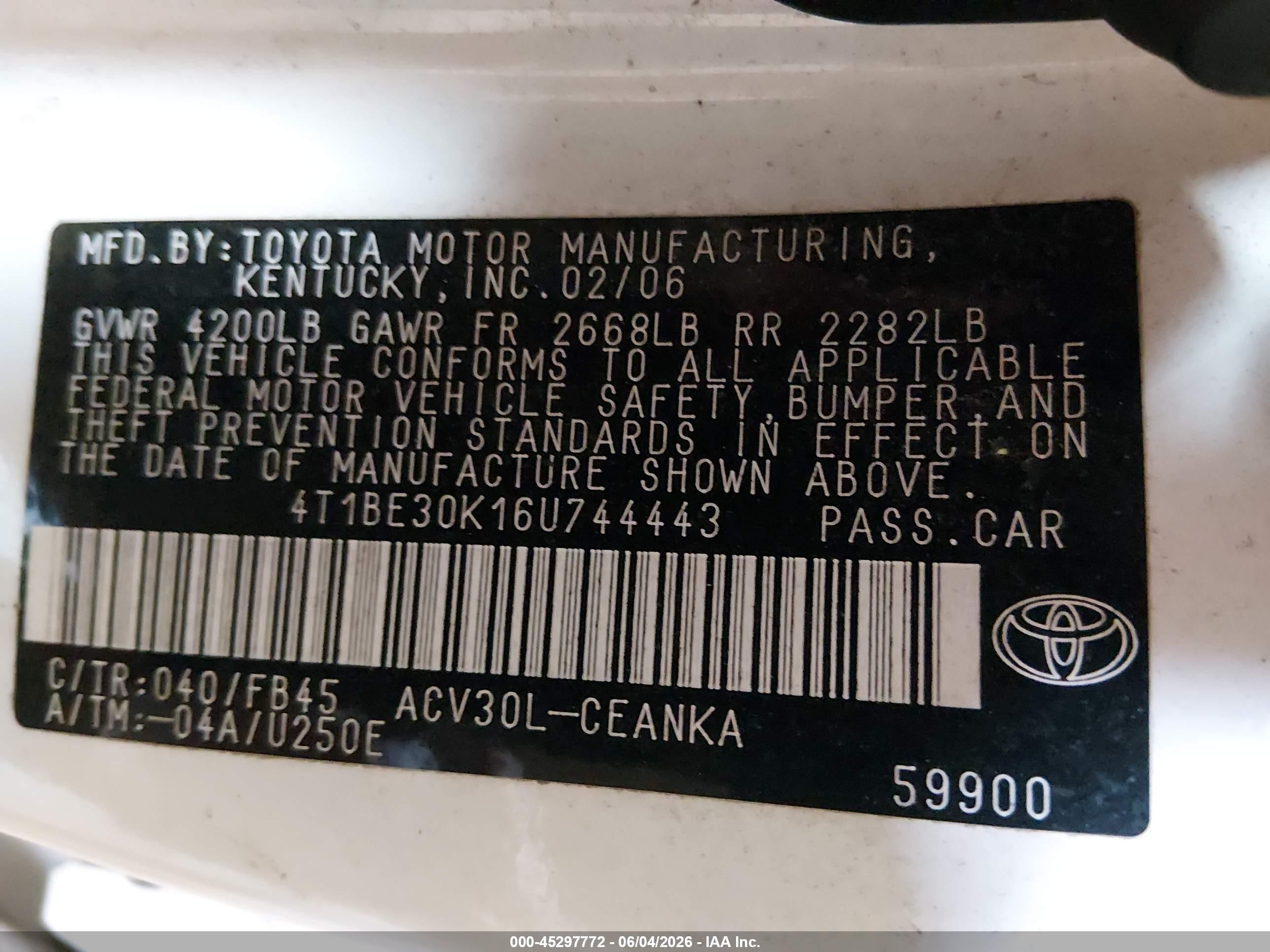 2006 Toyota Camry Le Белый vin: 4T1BE30K16U744443