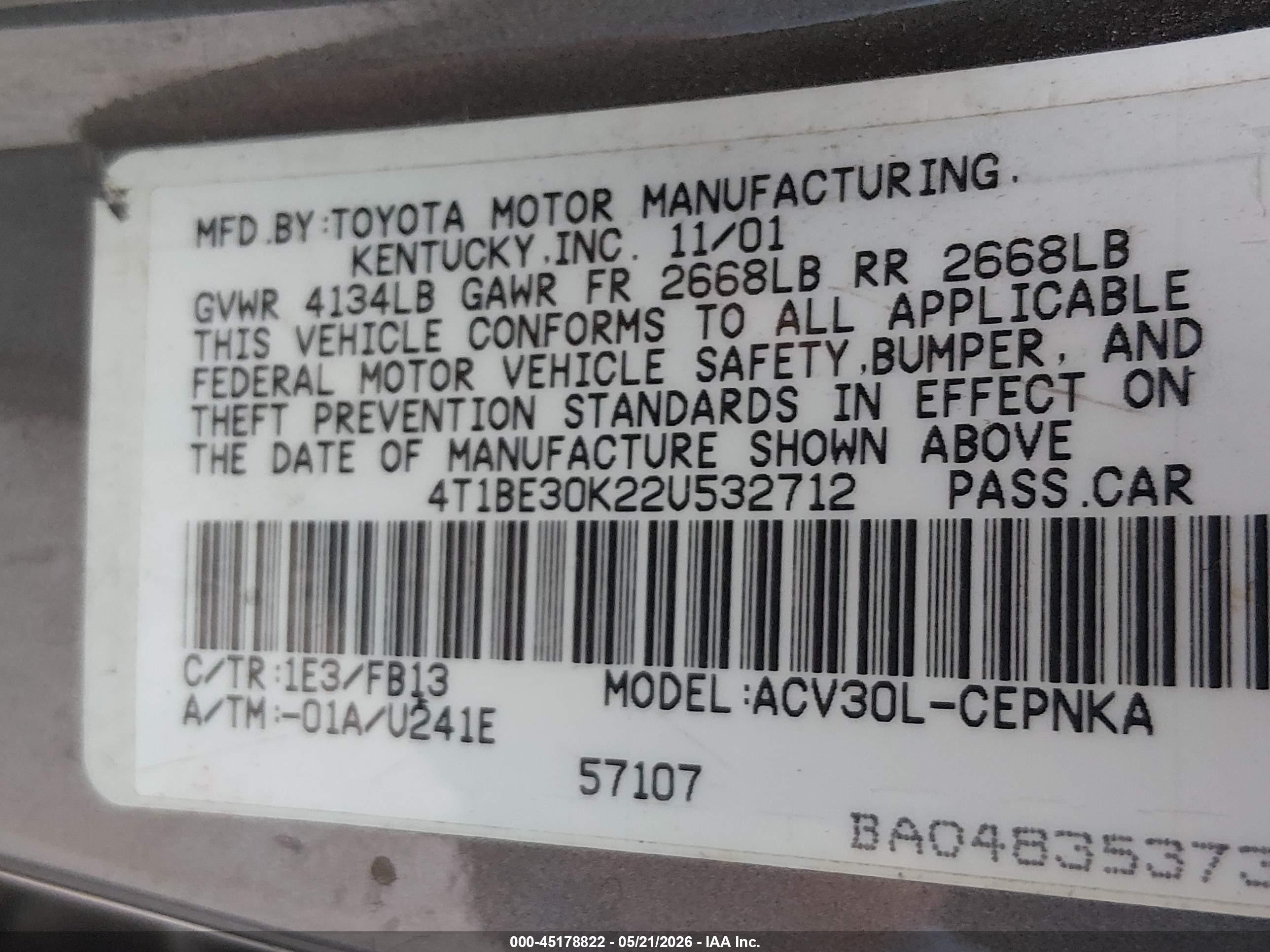 2002 Toyota Camry Le Серый vin: 4T1BE30K22U532712