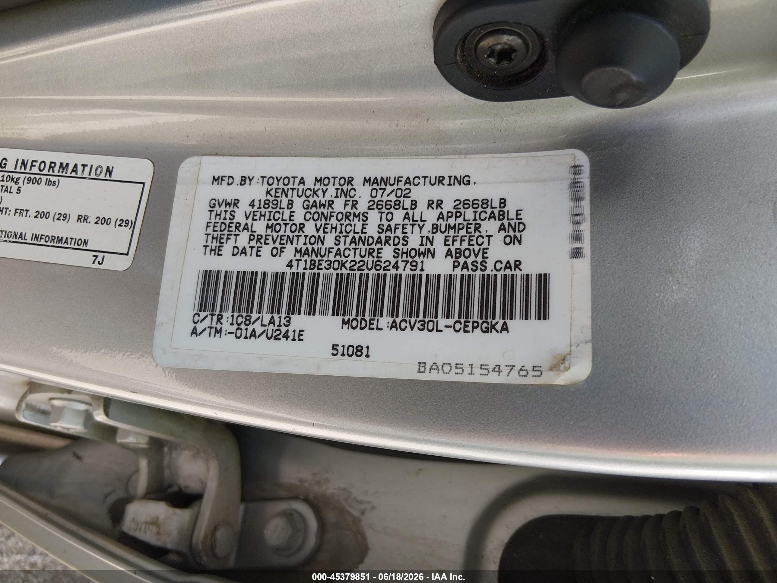 2002 Toyota Camry Xle Silver vin: 4T1BE30K22U624791