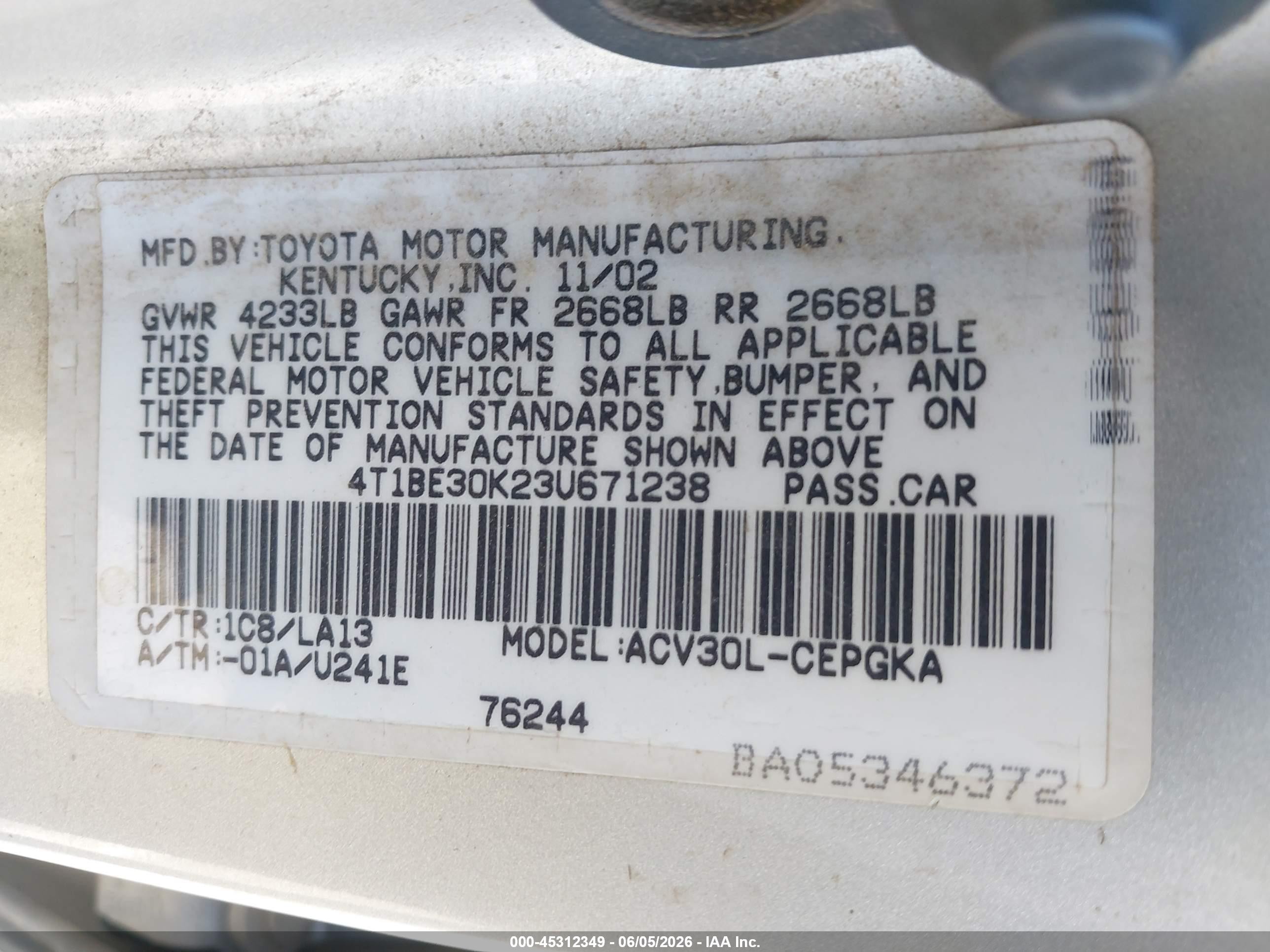 2003 Toyota Camry Xle Silver vin: 4T1BE30K23U671238